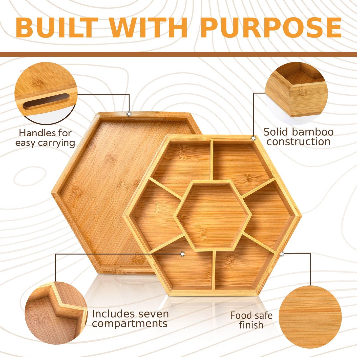 Snack and Serving Tray Set – 13" Divided Bamboo Appetizer Platter for Dry Fruit, Nuts, Cheese and Charcuterie (Bamboo, 13"x11")