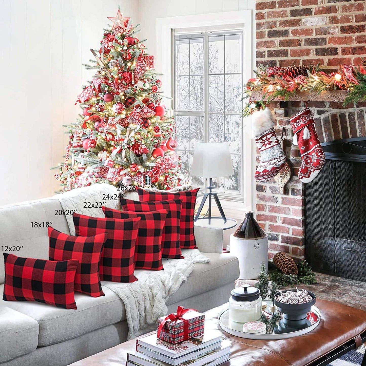 4TH Emotion Set of 2 Christmas Buffalo Check Plaid Throw Pillow Covers Cushion Case Polyester for Farmhouse Home Decor Red and Black, 18 x 18 Inches