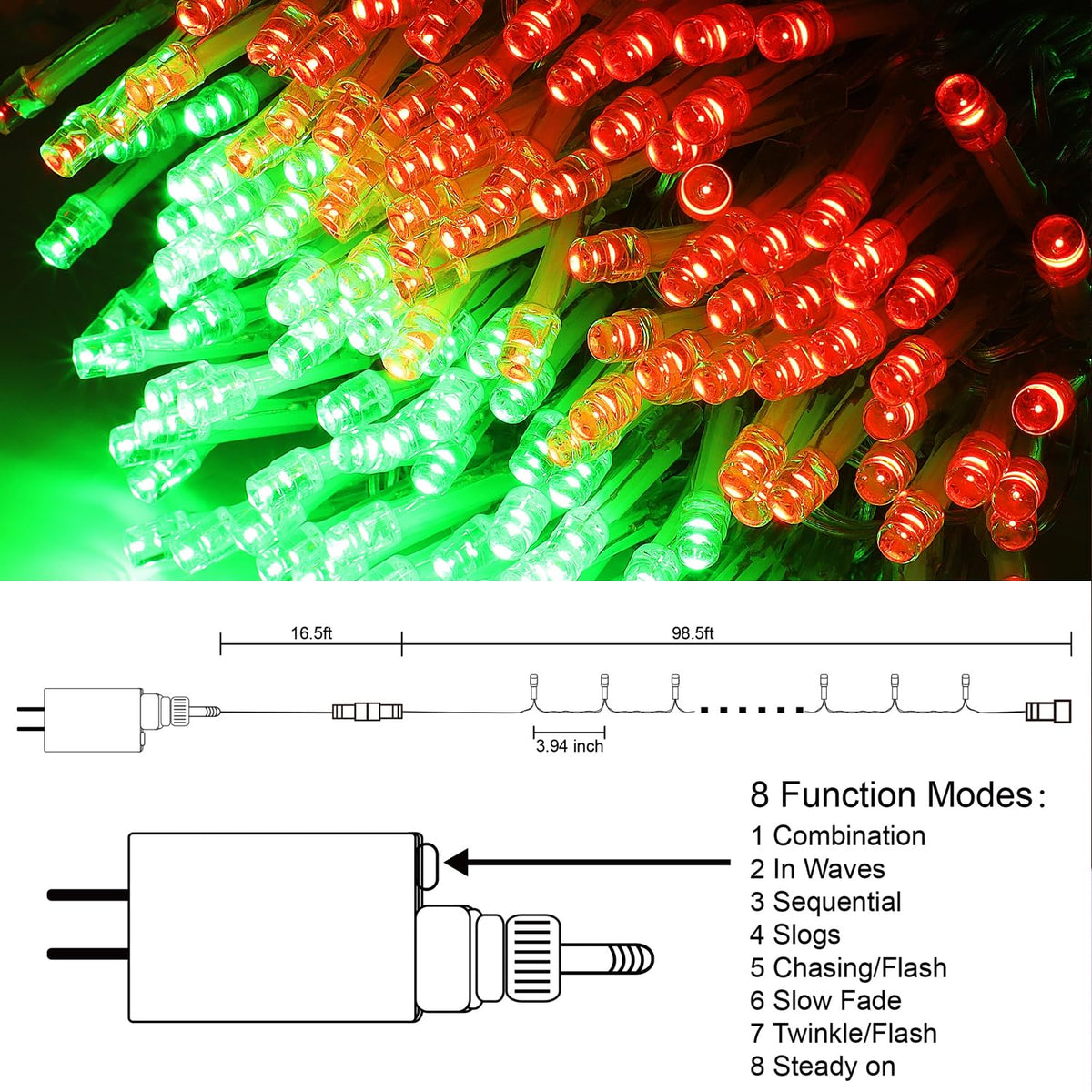 LJLNION 300 LED Christmas Lights, Extra Long 98.5FT Xmas String Lights Outdoor Indoor, 8 Lighting Modes, Plug in Waterproof Fairy Lights for Wedding Party Bedroom Decorations (Red & Green)