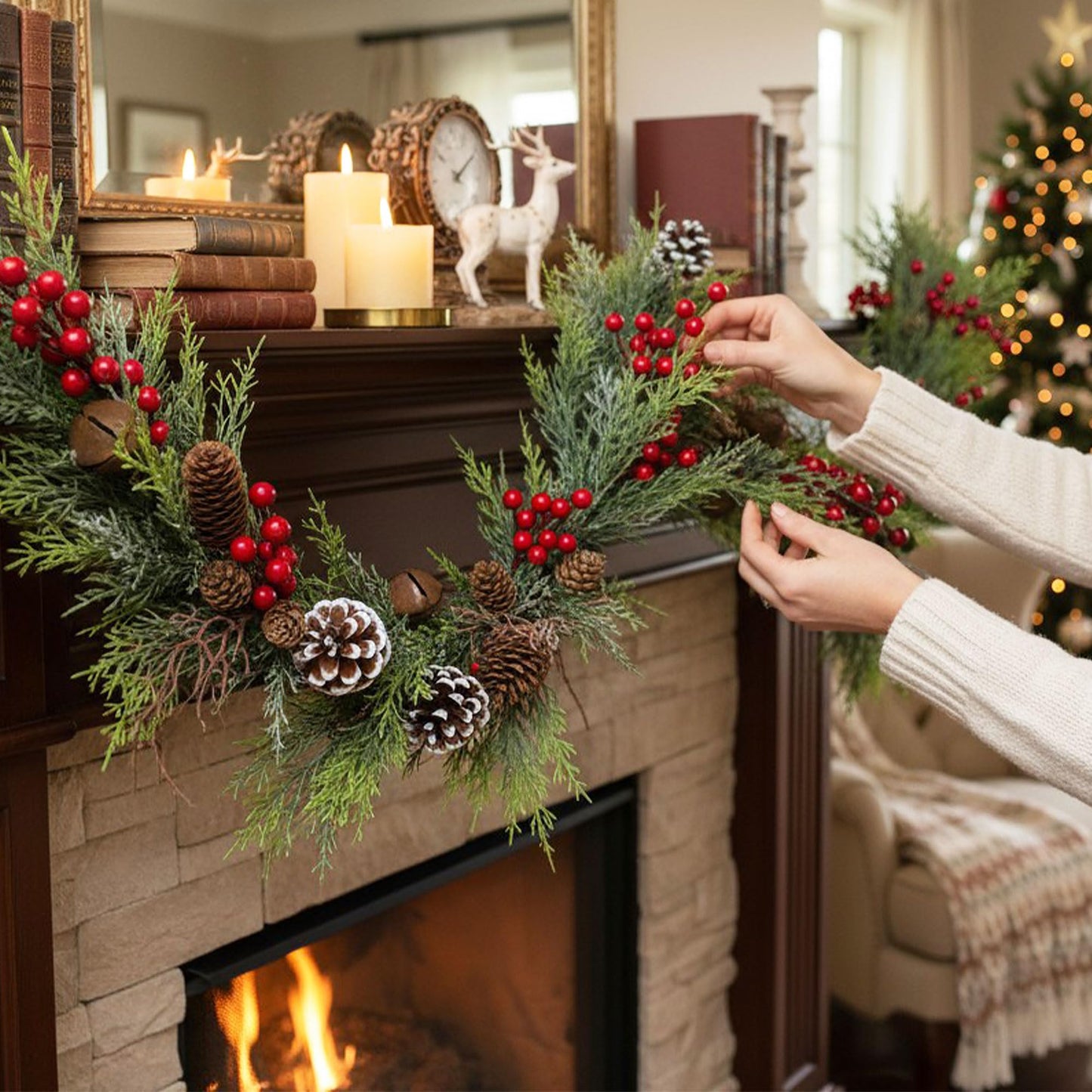 9FT Christmas Cedar Garland with Lights,Artificial Realistic Battery Operated Green Garland Christmas Decorations for Home Mantel Stairs Railing Dining Table Winter Decor