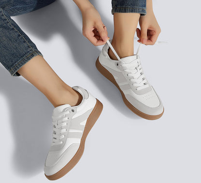 LUCKY STEP Women Classic Retro Gum Sole Fashion Sneakers Casual Tennis Skate Shoe Genuine Leather Walking Footwear Anti Slip Trainers(White/Grey,8.5)