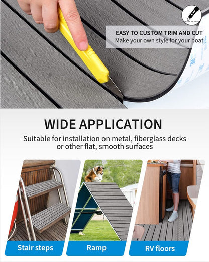 OCEANBROAD Self-Adhesive 48''x16.8'' Boat Flooring with 3M Adhesive Backing EVA Foam Boat Decking Faux Teak Marine Non-Slip Sheet for Jon Motor Boats Yacht Helm Pad Floor, Gray with Black Seam Lines