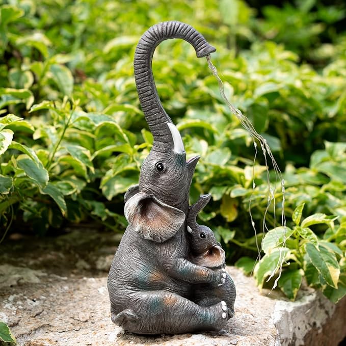 Elephant Statue with Solar Watering Lights, Outdoor Garden Decor for Patio, Yard, Lawn, Unique Gifts for Women, Mom – Resin Elephant Sculpture (Dark Grey Two Elephants)
