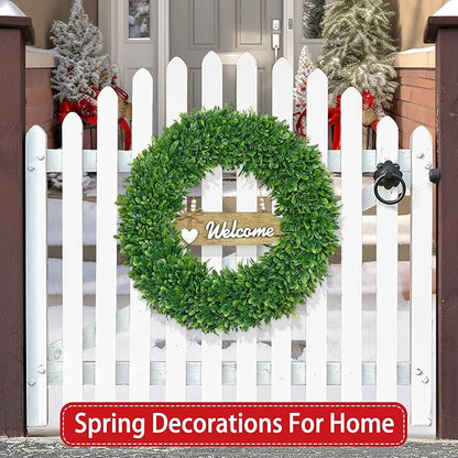 22 Inch Christmas Wreath Boxwood Wreath Realistic with Welcome Sign Faux Green Preserved Boxwood Wreaths Outdoor Spring Fall Winter Wreaths for Front Door Outside for Porch Farmhouse Wall Home Decor