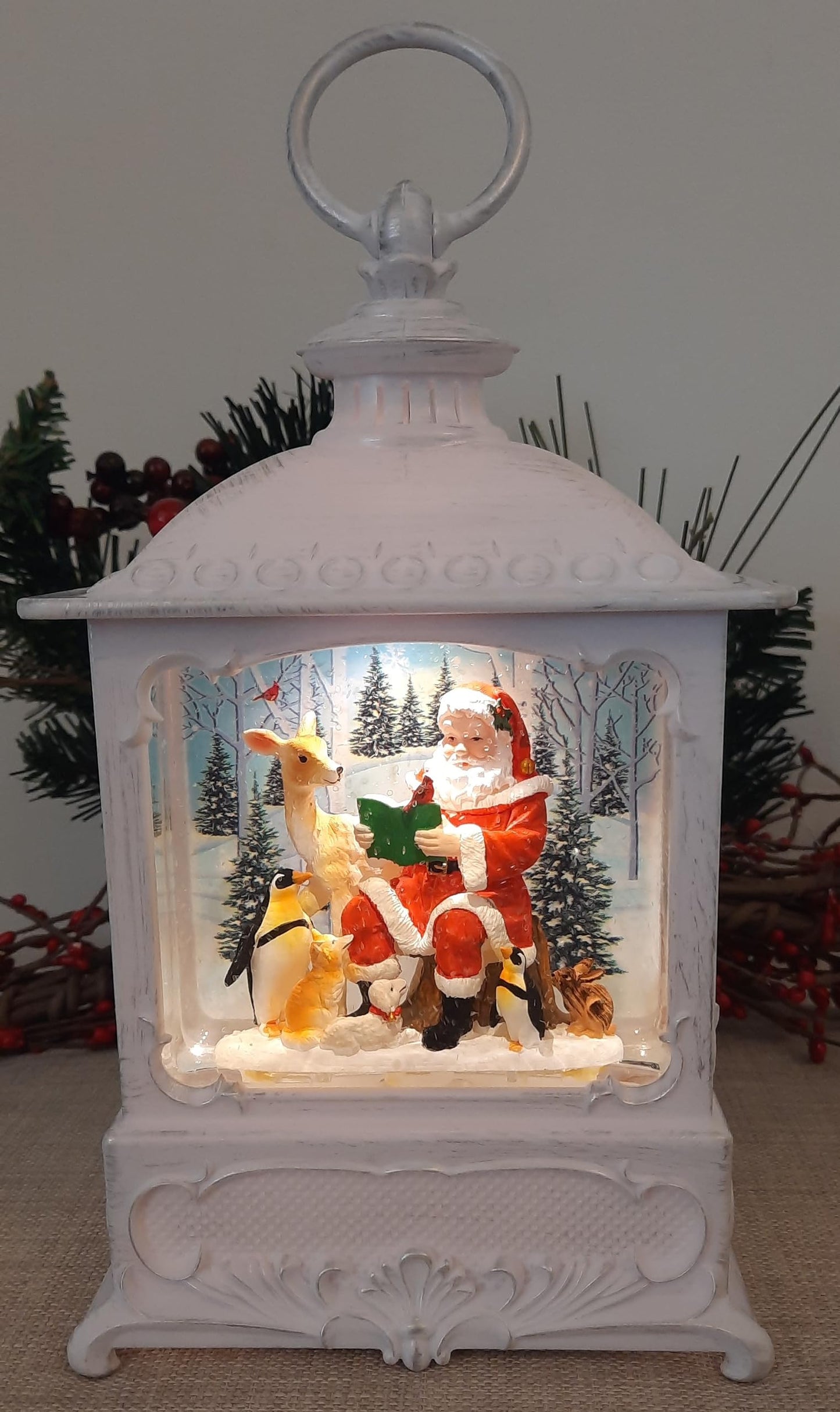 Gerson International 9 Inch Lighted Christmas Water Lantern Snow Globe with Continuous Swirling Glitter- Santa with Animal Friends