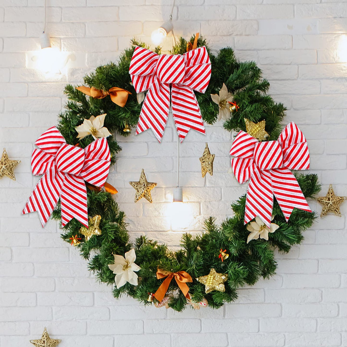 Dingion 20 Pieces Candy Stripes Bow Christmas Wreath Bows Xmas Peppermint Candy Cane Stripes Dots Plaid Bow for Christmas Tree Garland Ribbon Door Window Outdoor Party, 4.3 x 5.1 Inch(Stripe Style)