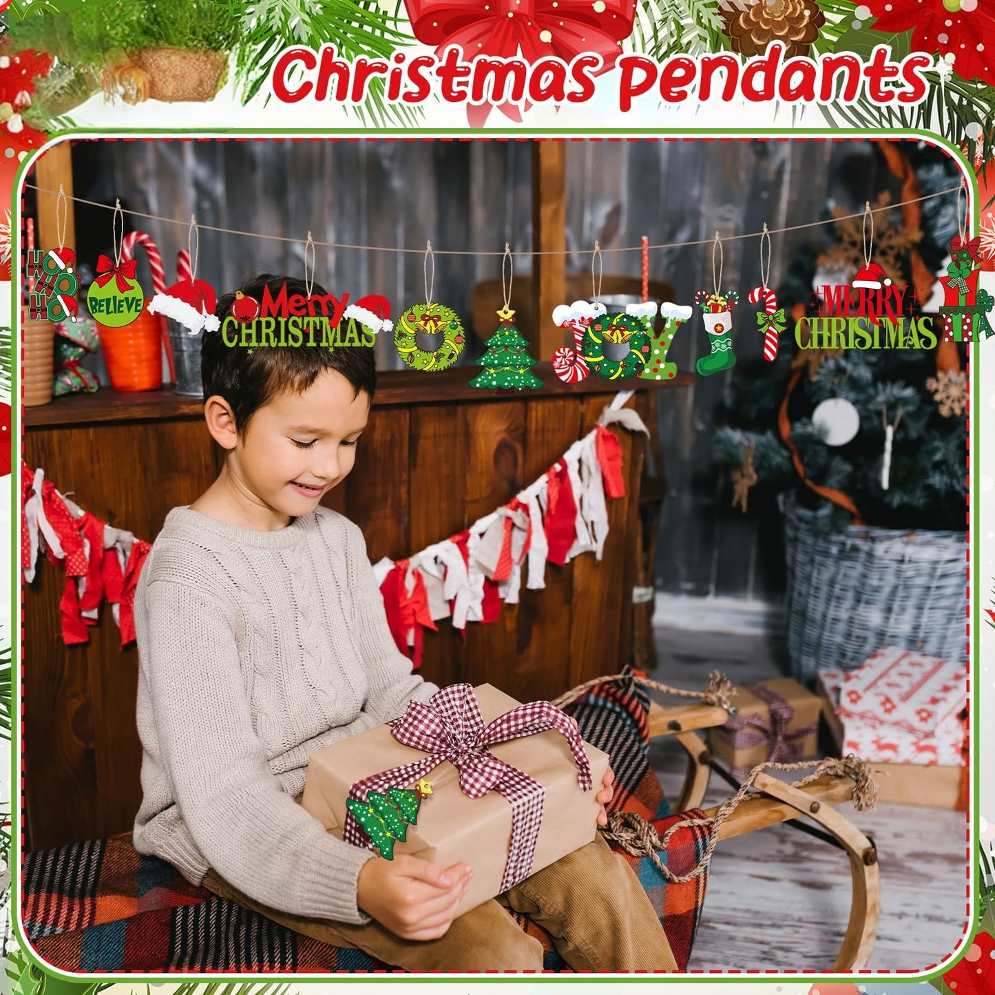 AceOrbit 48 Pcs Christmas Tree Ornaments Lime Green Wood Christmas Tree Ornaments with Rope Xmas Wood Cutouts Hanging Decorations Gift Box Santa Hats Candy Canes for Xmas Wreaths Home Winter Decor