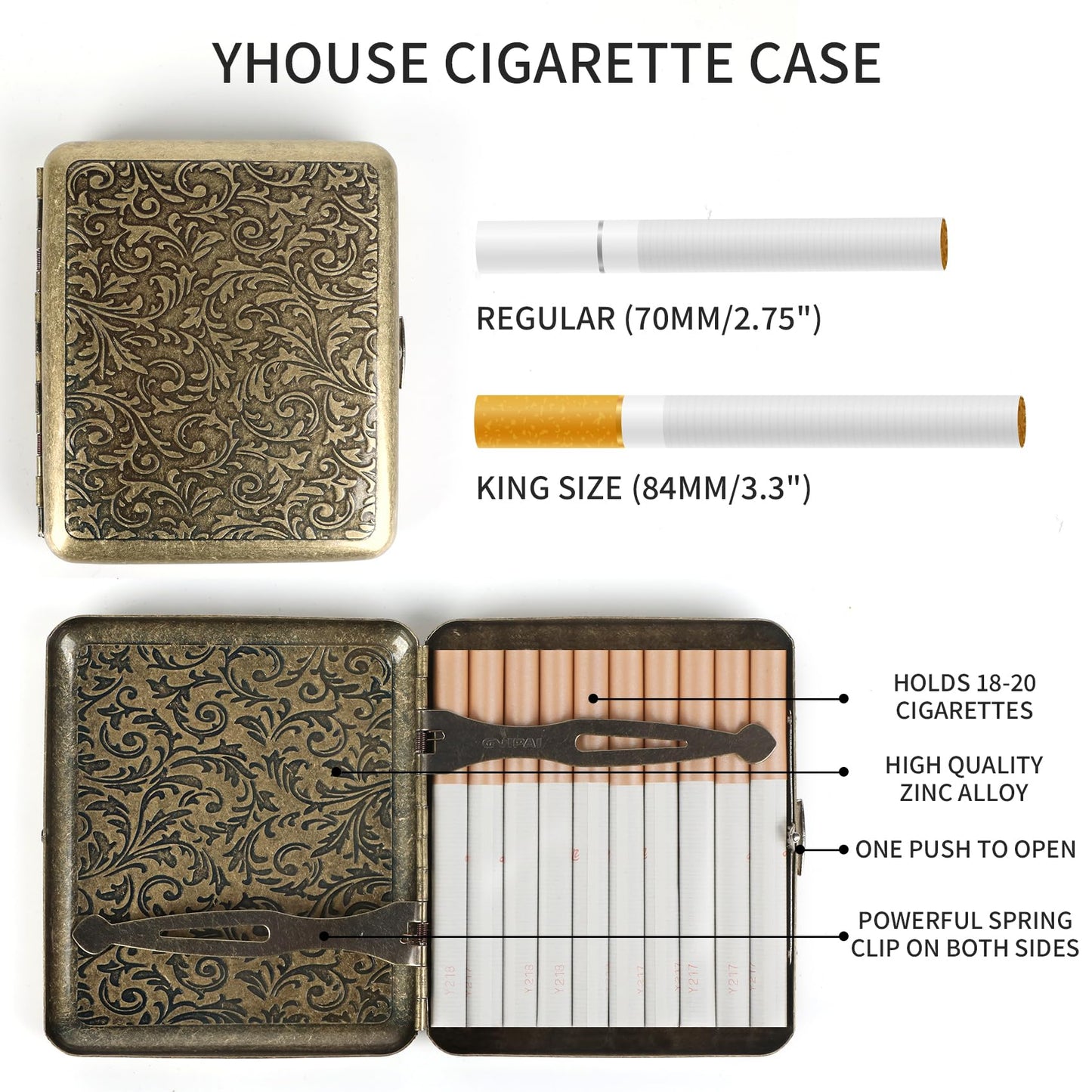 YHOUSE Cigarette Case - Retro Metal Cigarette Box Double Sided Spring Clip Open Pocket Holder for 20 Cigarettes (Golden)