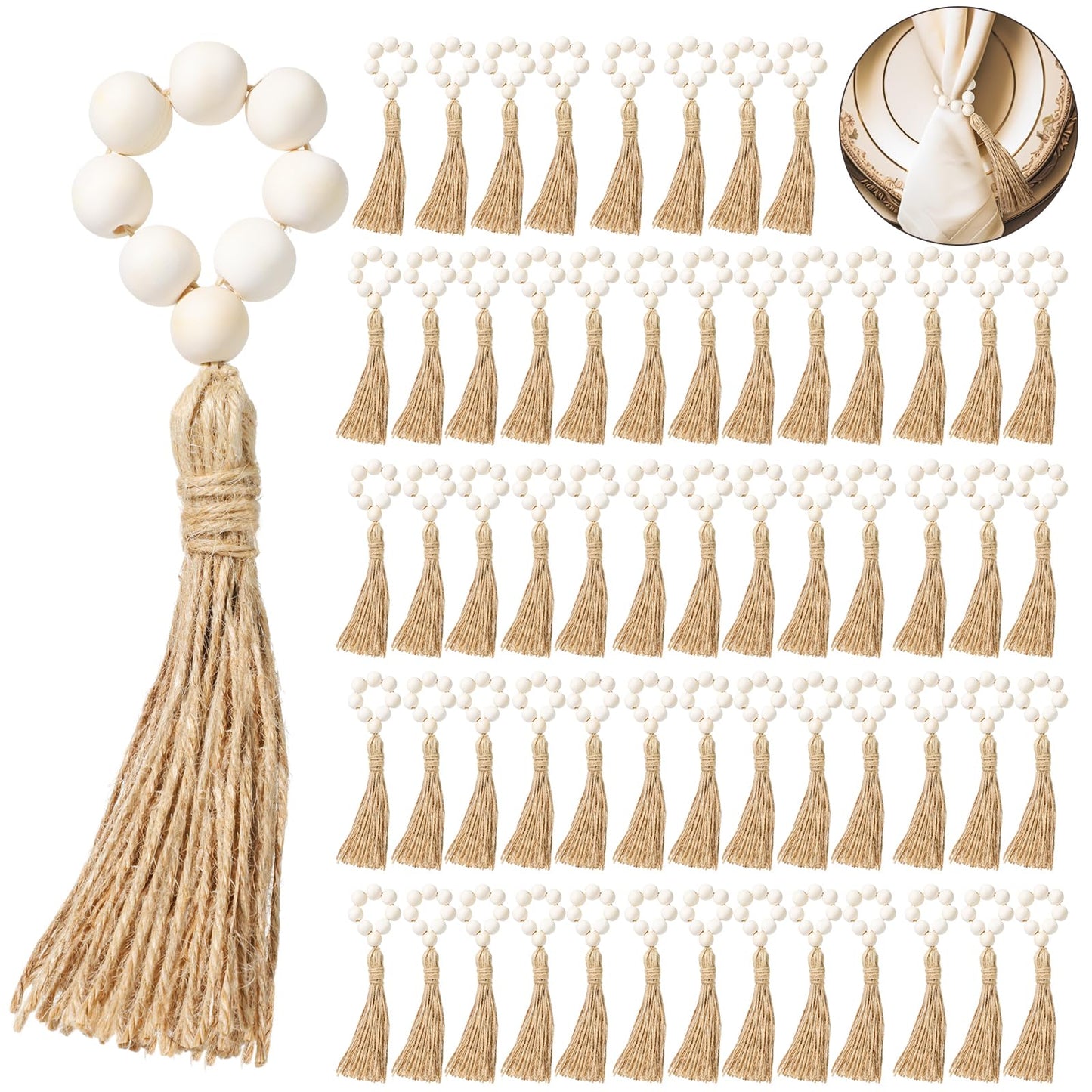 Maxcheck 60 Pcs 60 Pcs Wood Bead Napkin Rings with Tassel Handmade Wooden Farmhouse Napkin Ring Holders for Tabletop Dining Party Wedding Gathering Home Decoration (Rustic)