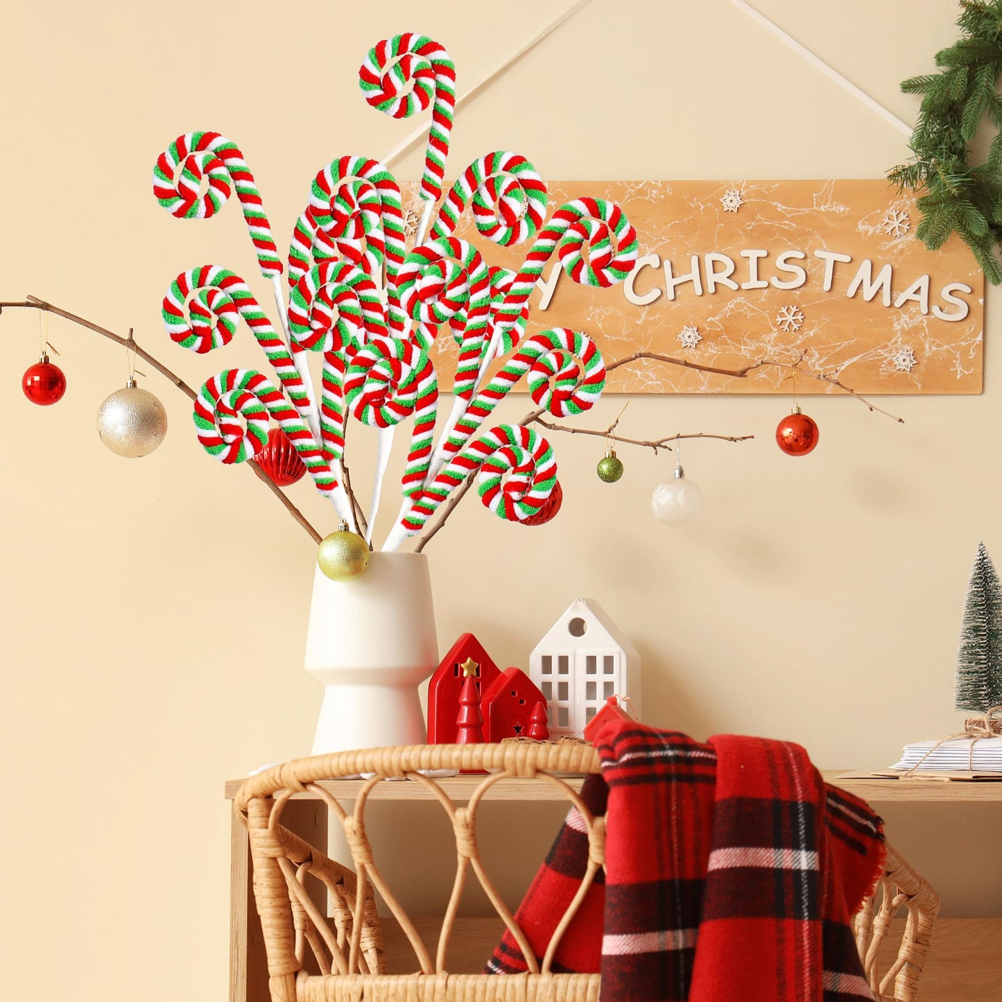 Sggvecsy 6 Pcs Christmas Tree Decoration Woolen Bells Candy Cane Shape Picks Lollipop Curly Pick Ornaments Xmas Tree Topper for Party Vase Filler Home Office Decor (Green)
