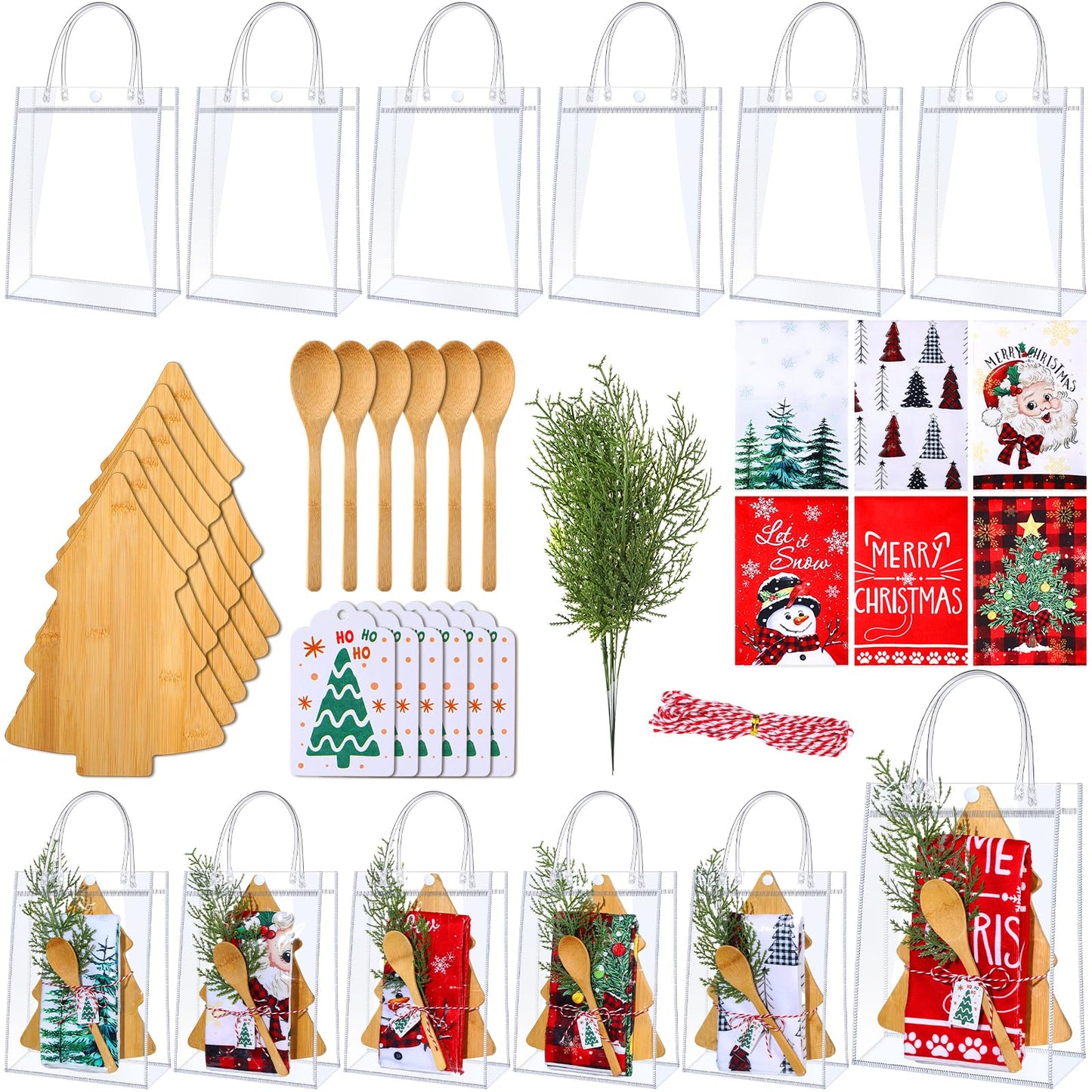 AceOrbit 37 Pcs Christmas Kitchen Gift Set Christmas Tree Bamboo Serving Board Xmas Supplies with Wood Spoon Kitchen Towel Card Holiday Gift Bags for Xmas Holiday Party Decor