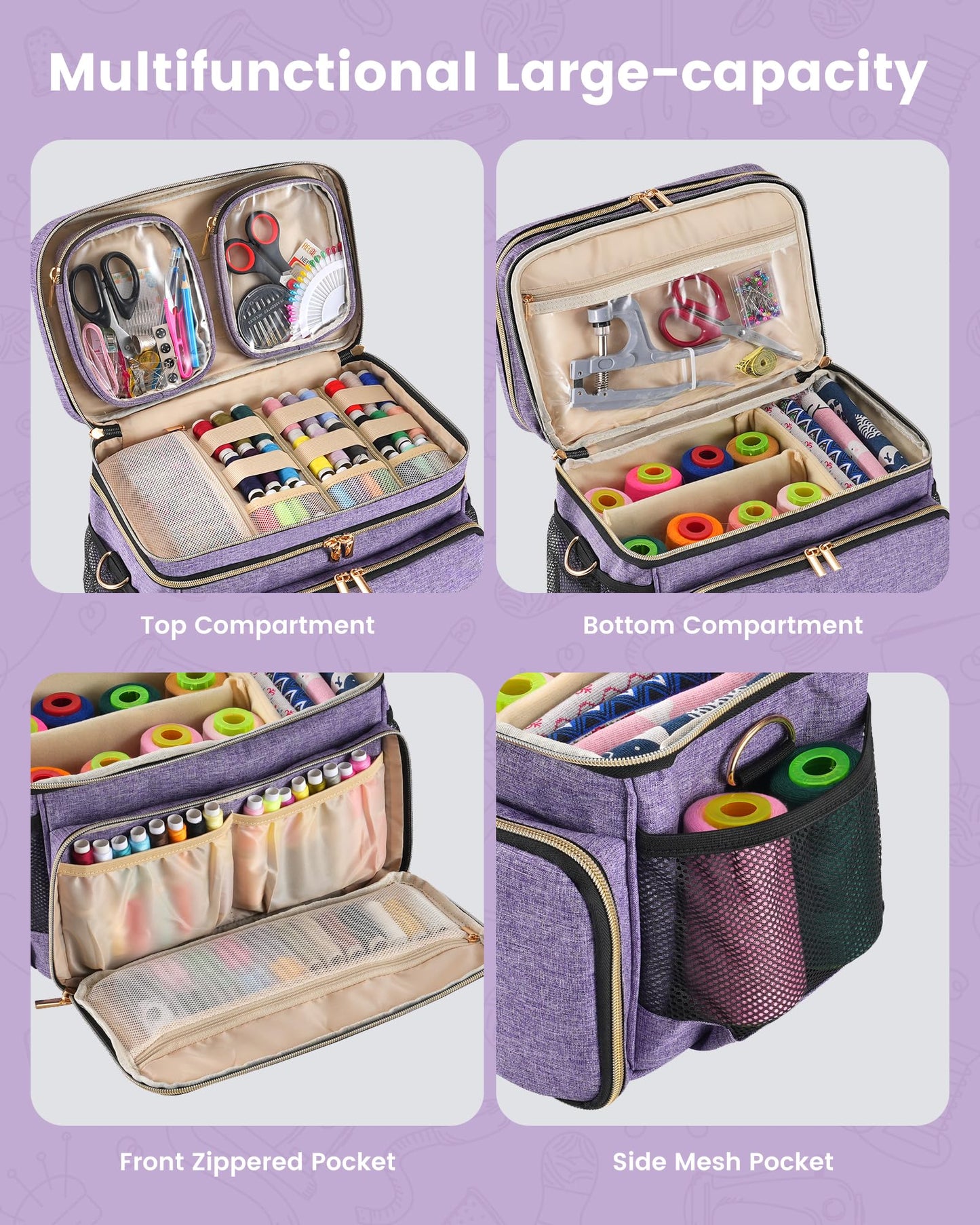 Hautton Large Sewing Ogranizers, 2 Layer Storage Bag for Sewing Supplies with 2 Detachable Pouches Sewing Bag with Shoulder Strap (Bag ONLY) -Purple