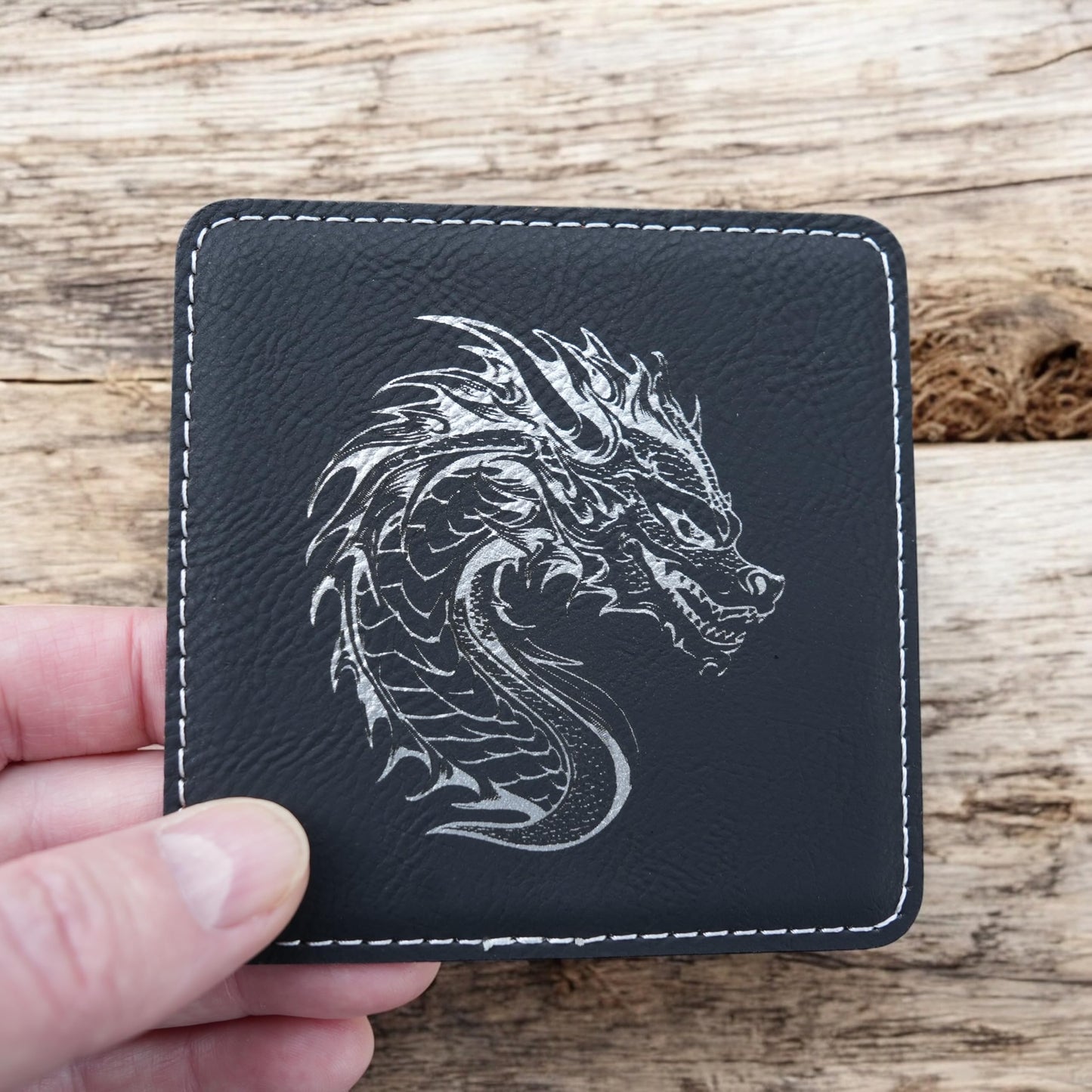 Coaster - Dragon - SET OF 2 - Leather or Stitched Cork (Black/Silver)