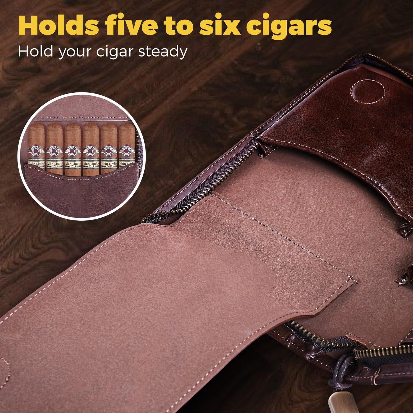 MCKDERWRILL Portable Travel Leather Cigar Case, Handmade Full Grain Leather Cigar Box, Holds 5-6 Cigars, Cigar Humidor, Cigar Accessories for Men Gift