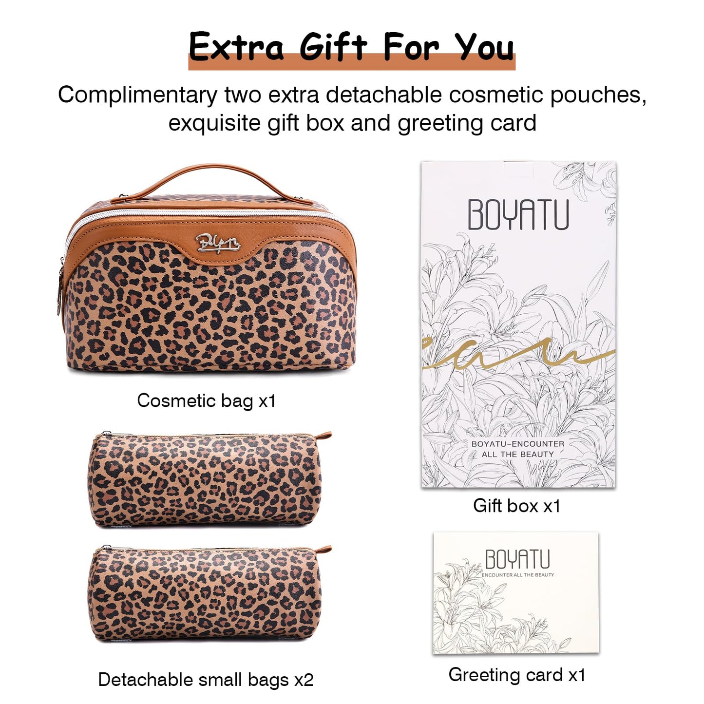 BOYATU Travel Makeup Bags Organizer for Women: 3 Pcs Set Leopard Cosmetic Bag - Large Make up Bag with Compartments - Flat Open Waterproof Leather Toiletry Bags for Skincare, Brushes & Travel - Brown