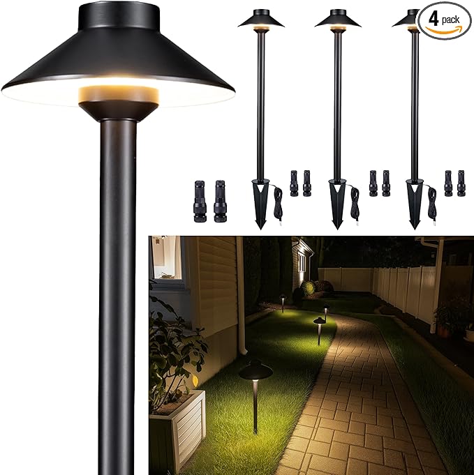 Gardenreet 12v Landscape Lighting Brass - Low Voltage Pathway Lights IP65 Waterproof, Hard-Wired Path Light Outdoor, Mushroom-top Black for Exterior Area Patio House G4 Bulb Not Included (4 Pack)