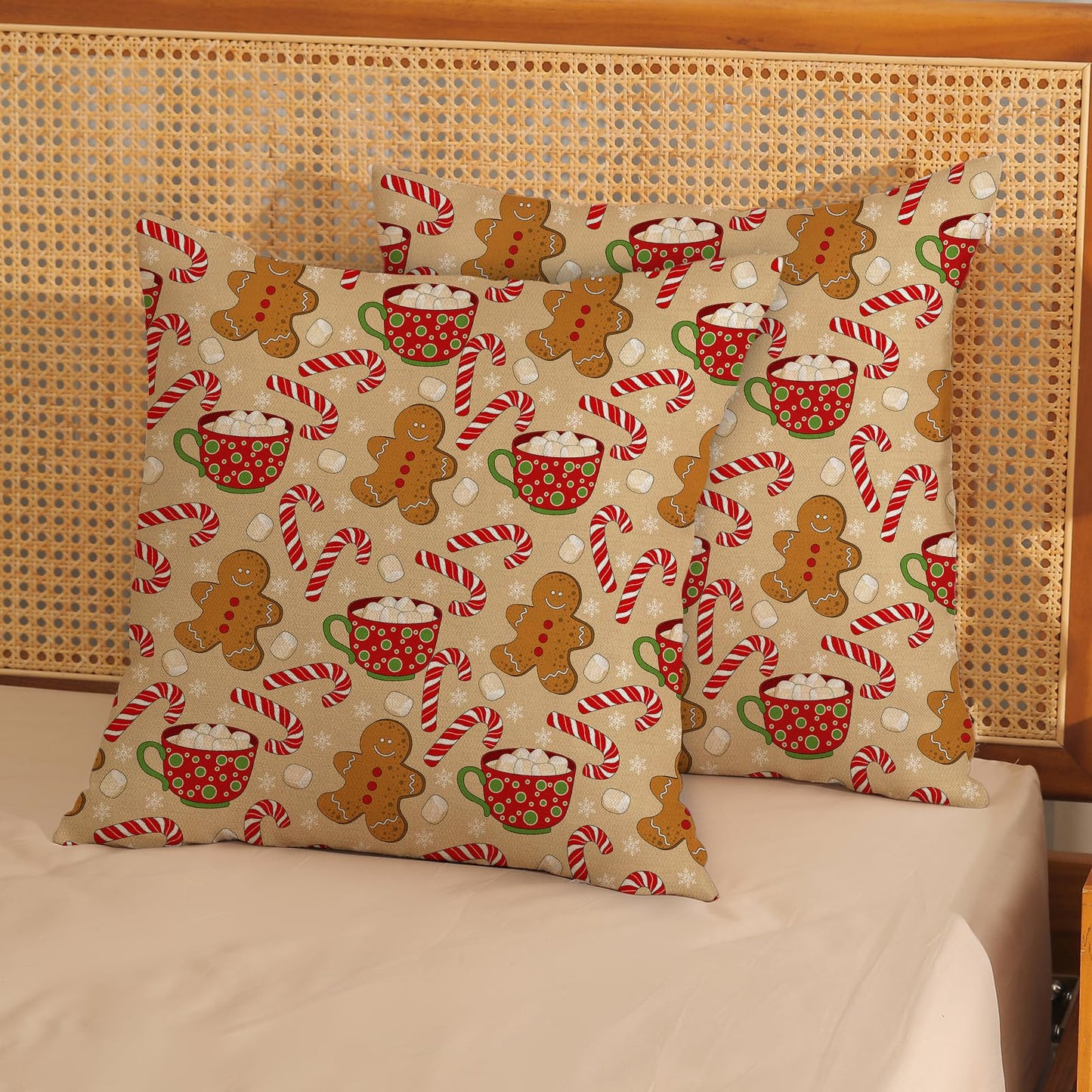 JEFERSO Christmas Pillow Covers 20x20 Set of 2 Gingerbread Man Candy Cane Snowflake Throw Pillows Outdoor Christmas Decorations Pillowcase Winter Farmhouse Holiday Decor Cushion Covers for Couch Home