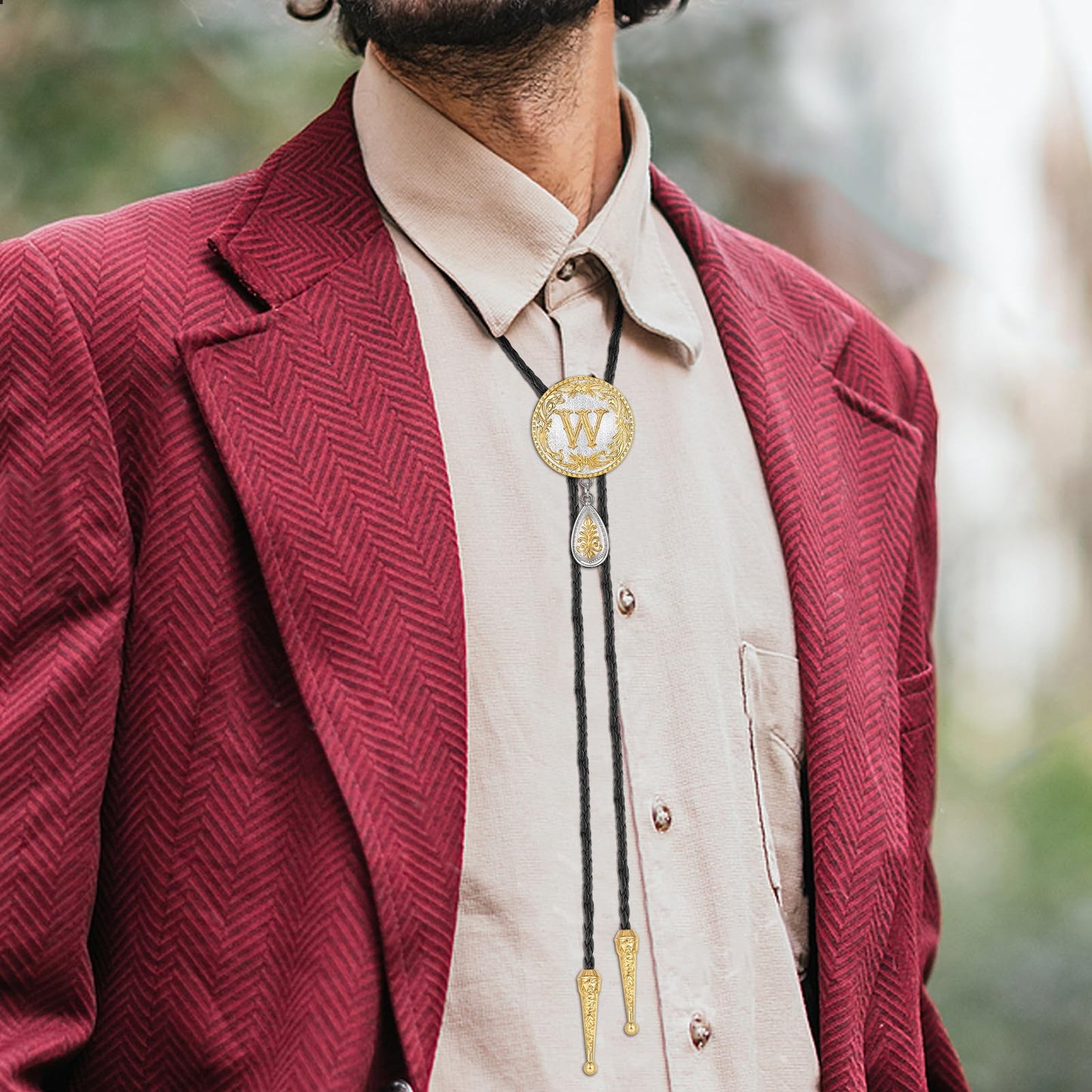 HUABOLA CALYN Western Bolo Tie for Men Gold Initial Letter A to Z Native American Bola Ties Rodeo Cowboy Leather Necktie Western Necklace Costume Accessories for Men,Women (W)