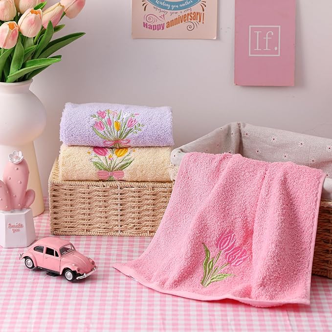 3 Pcs Tulips Bouquet Hand Towels Spring Pink Tulips Flower Bath Towels 14 x 29
