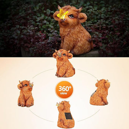 Highland Cow Solar Powered Outdoor Garden Statue, Resin Highland Cow Statue with Solar Light Lantern, Decorative Lawn, Yard Outdoor Highland Cow Decor. Unique Home Decorations, Gifts for Women