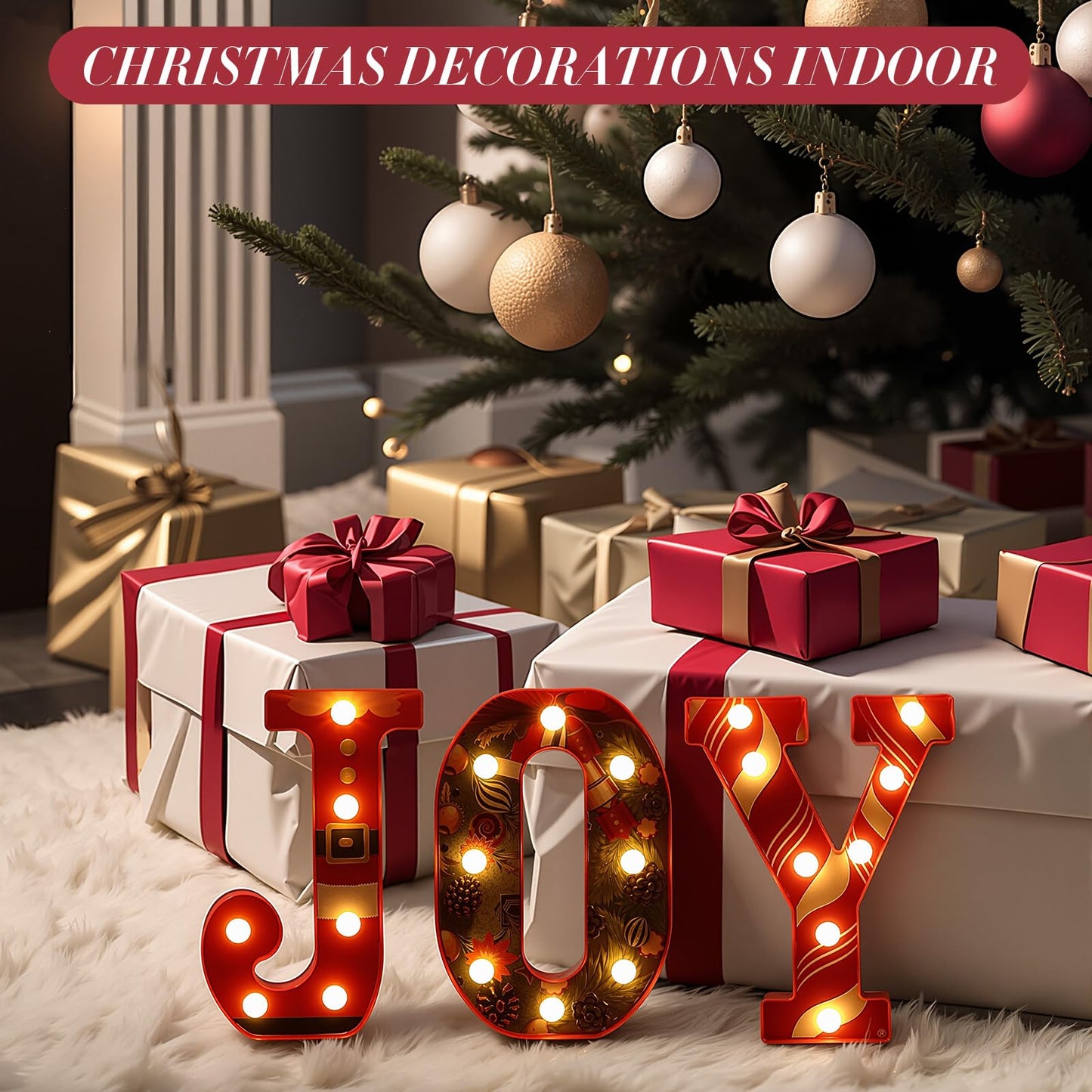 Honoson 3 Pcs LED Marquee Light Up Letters Joy Christmas Alphabet Letter Signs JOY LED Letter Lights For Mantle Home Bar Bedroom Tabletop Fireplace Wall Xmas Wedding Party Decor