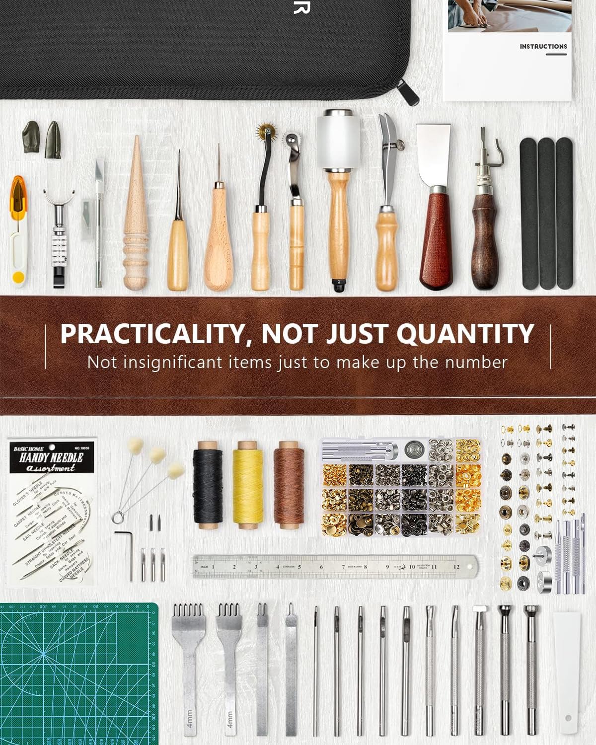 FifthQuarter Leather Tooling Kit: 458 Pcs Essential Leather Working Tools and Supplies for Starter with Guide Craft Tool Kits with Organizer for Stamping | Cutting | Stitching | Carving