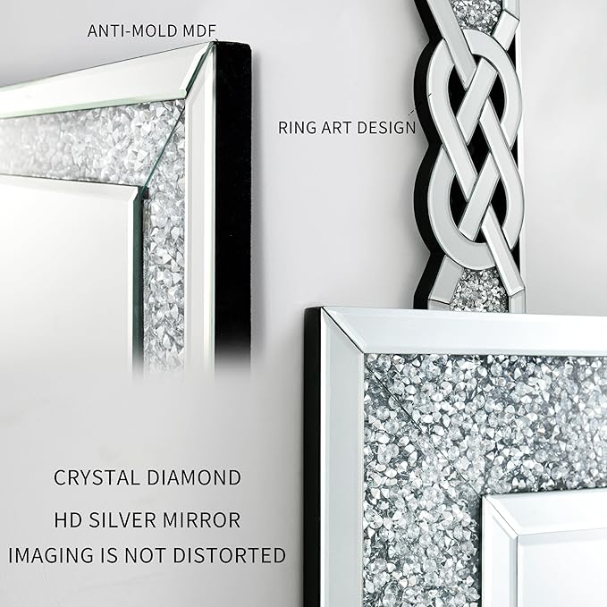 ENENE Crystal Crush Diamond Wall Mirror 39.5''x 27.5'' Rectangle Silver Mirrors for Wall Decorative Large Wall Mirrors for Bathroom Living Room Bedroom Entryway
