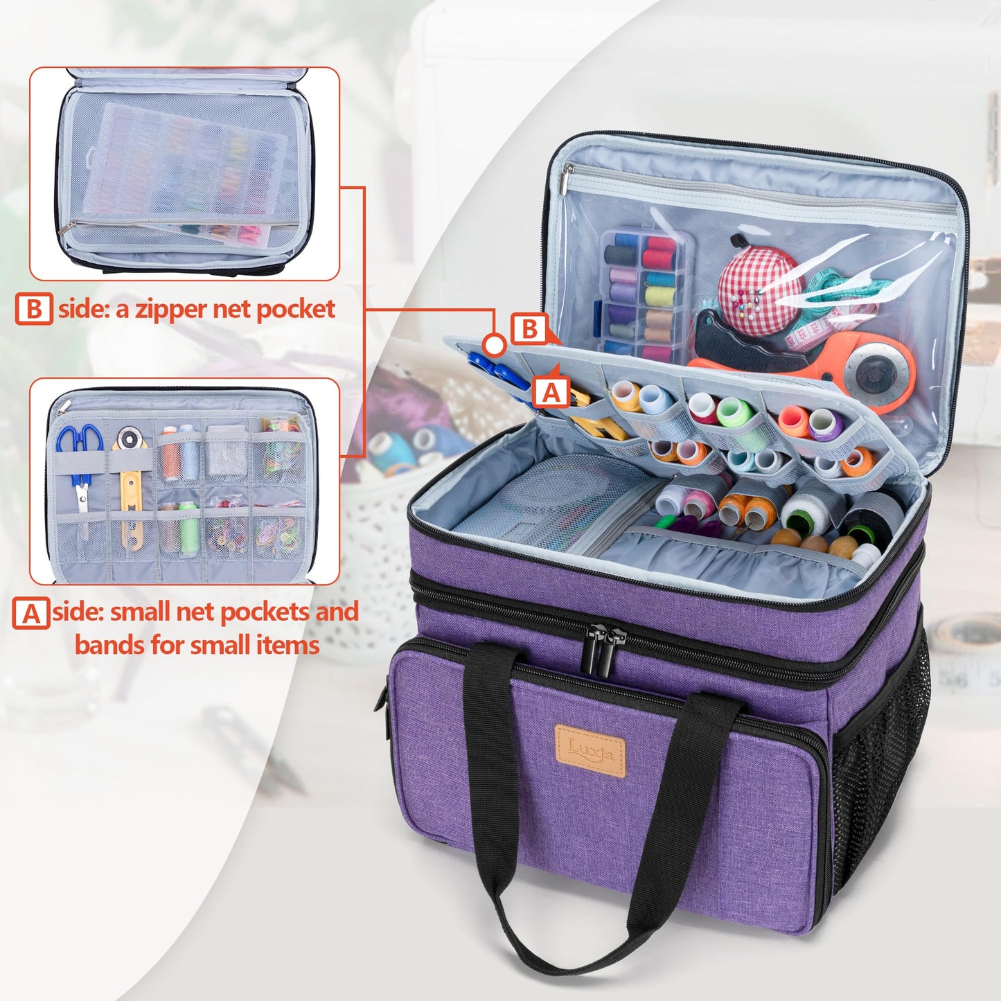 LUXJA Large Sewing Organizer with Many Compartments, 2 Layers Sewing Storage Bag with Varisized Pockets for Sewing and Crafting Supplies (Bag Only), Purple
