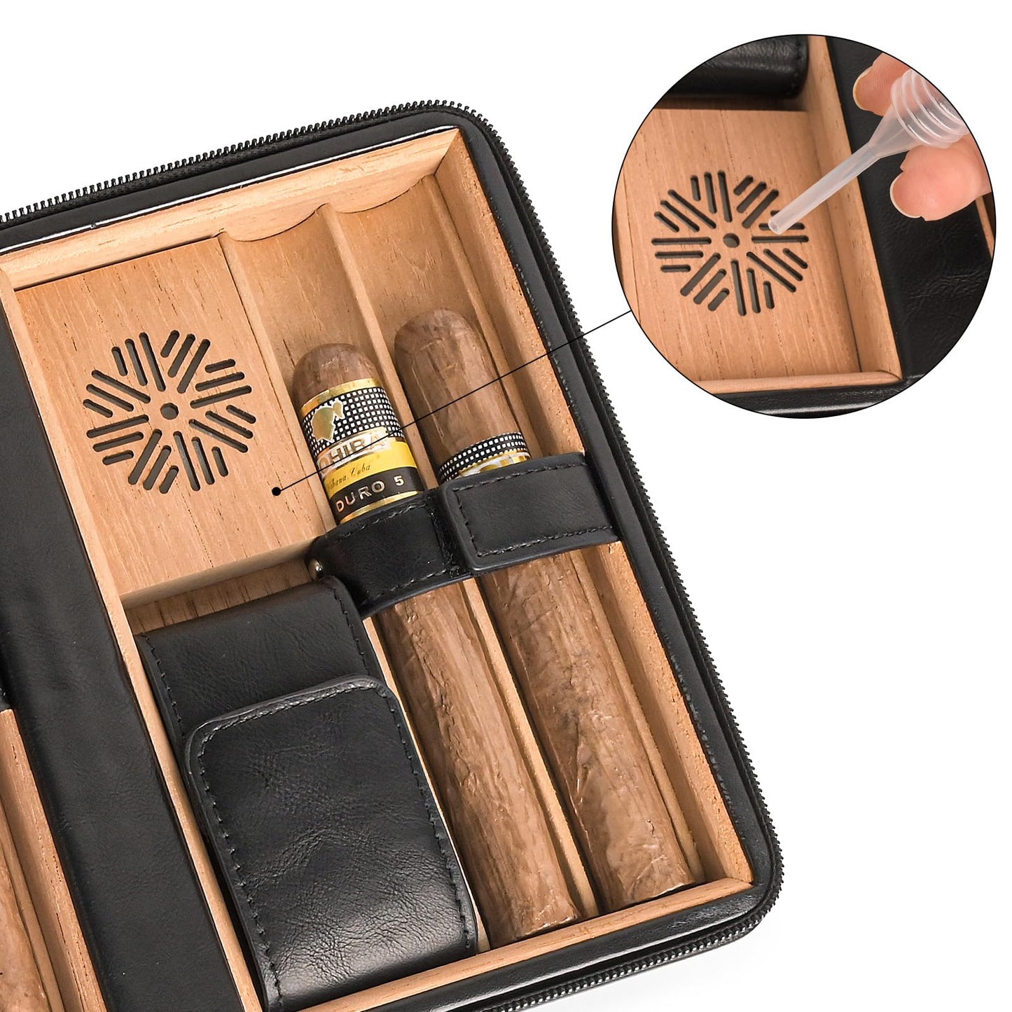 Portable Cigar Humidor Travel Case, Leather & Wood Cigar Box with Humidifier for 6 Cigars, Ideal for Travel and Desktop Storage, Compact and Durable Design