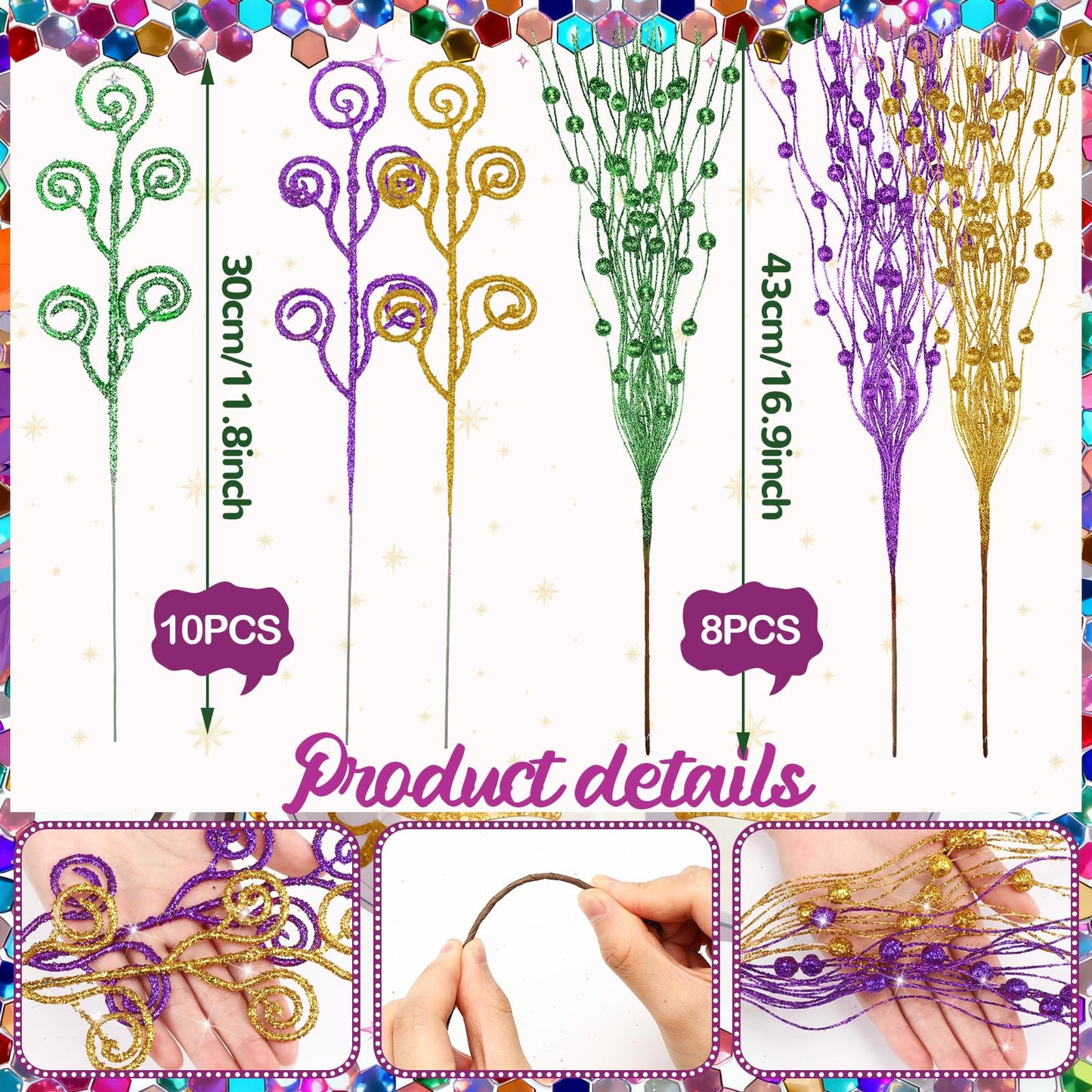 Daifunli 36 Pcs Mardi Gras Decorations Mardi Gras Picks Purple Gold Ornaments 17'' 12'' Artificial Glitter Berry Picks and Sprays Branches for Carnival Party Wreath Vase