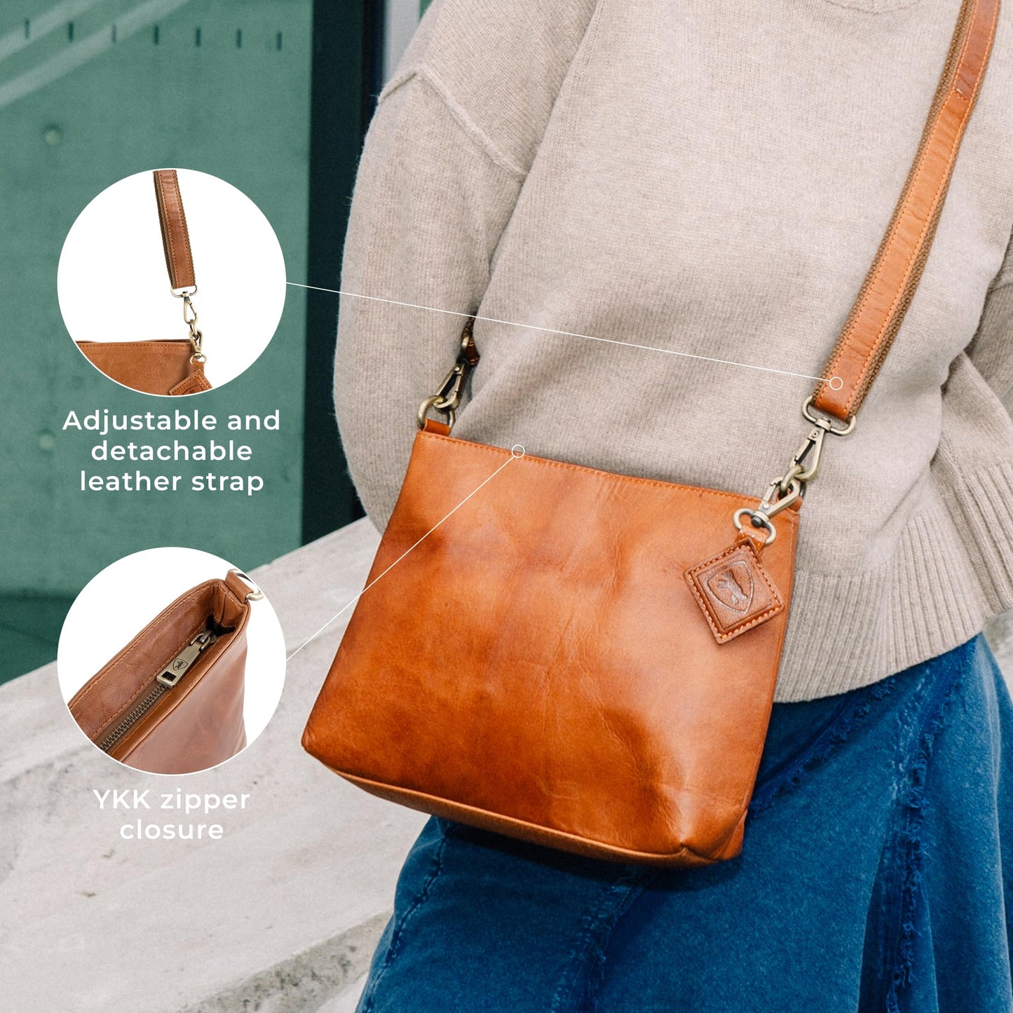 BERLINER BAGS Vintage Genuine Leather Shoulder Bag Marbella S, Small Crossbody Purse for Women - Brown