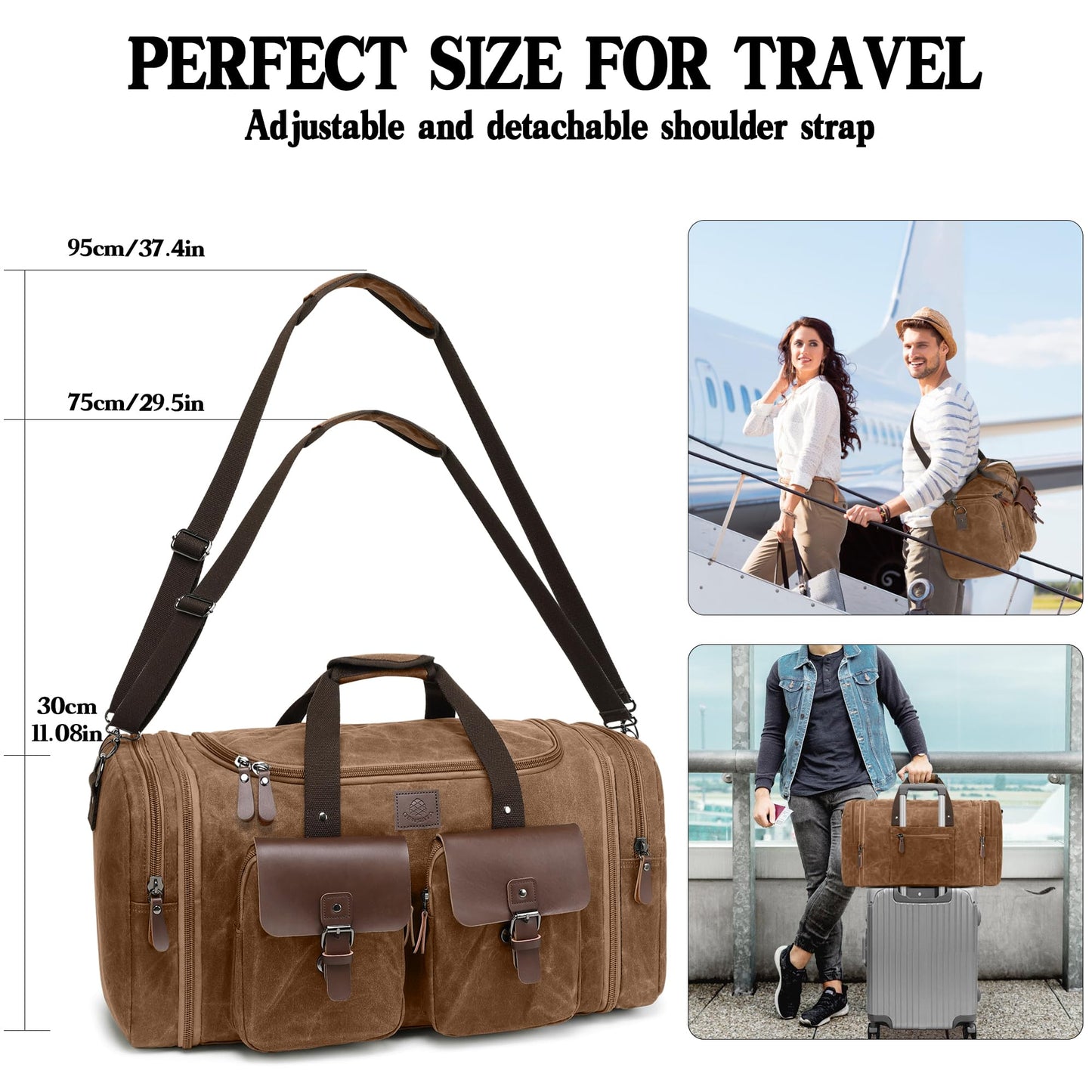 Densata Waxed Canvas Duffle Bag for Men 50L Travel Duffel Bags Expandable Genuine Leather Duffel Overnight Weekender Carry On Bag Two Zipper Pockets Travel Bag (Vintage Dark Brown, Large-50L)