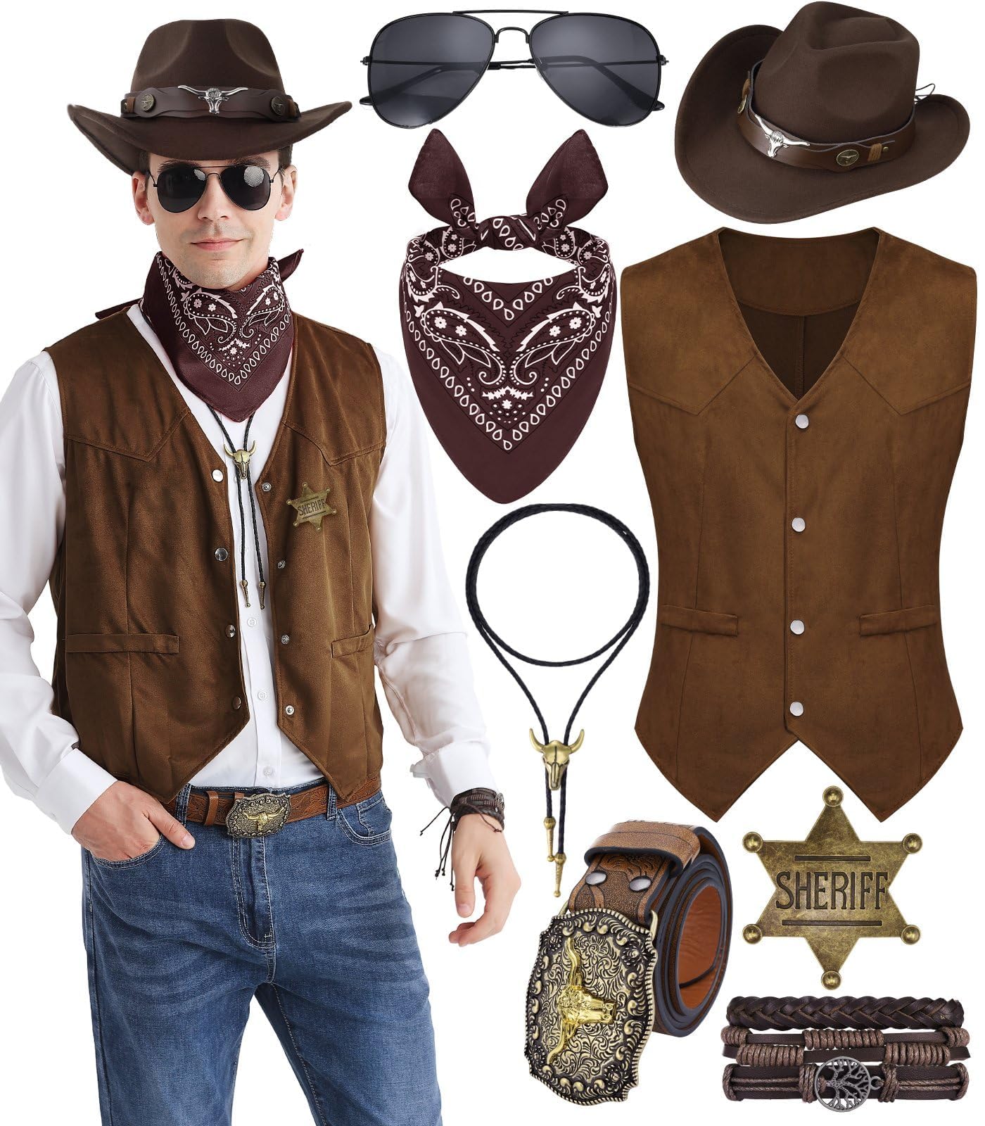 8 PCS Men’s Western Cowboy Costume Set with Cow Vest & Hat Retro Accessories Halloween Party Cosplay Darkbrown-L
