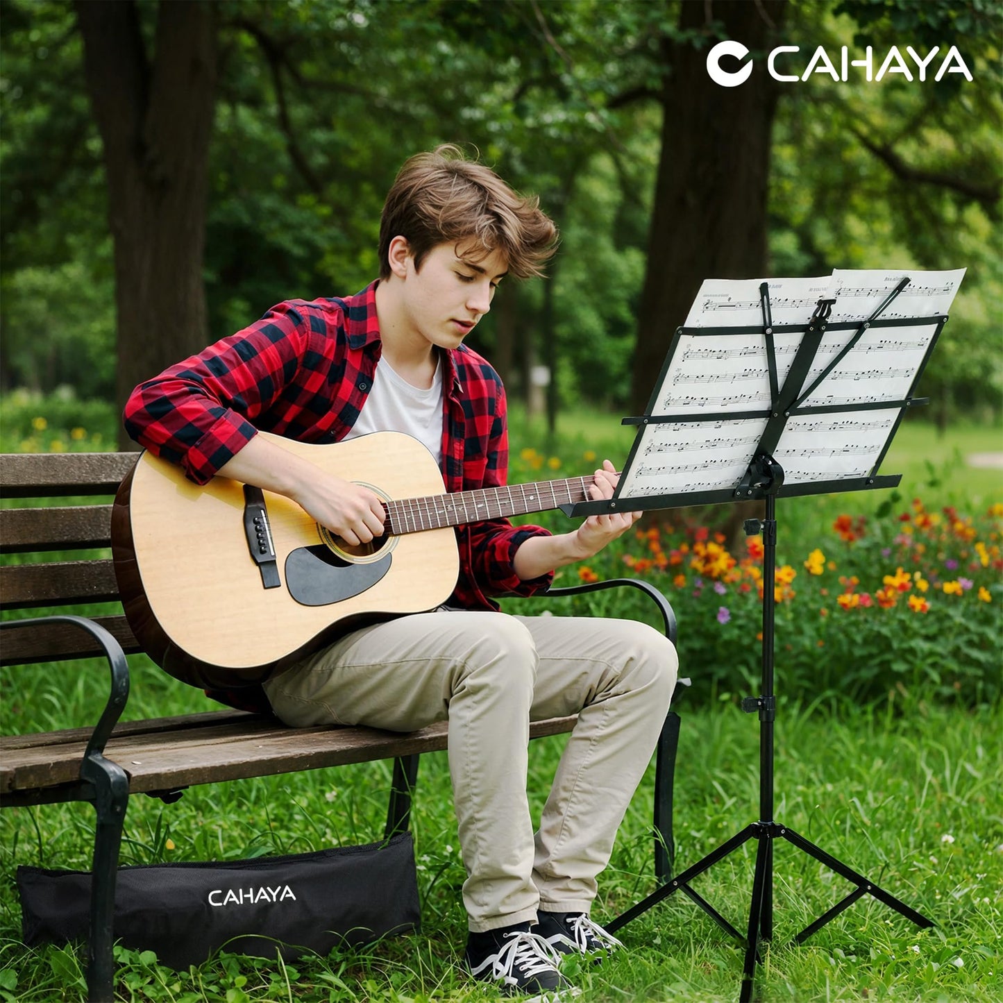 CAHAYA Portable Sheet Music Stand: Dual Use Desktop Book Holder Folding Lightweight Extra Stable Reinforced with Carrying Bag and Clip for Students Musicians Height Adjustable up to 54.3" CMS0204