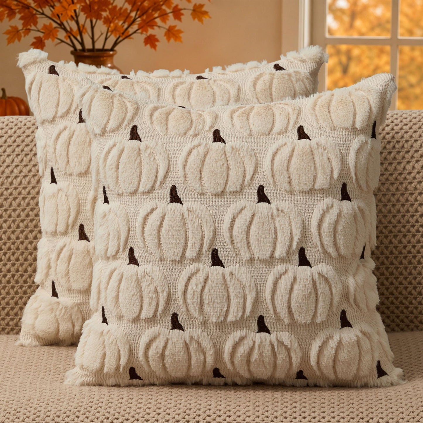 DFXSZ Fall Pillow Covers 18x18 Set of 2 Fall Decorations Beige Brown Pumpkin Throw Pillow Cases Soft Faux Fur Wool Couch Cushion Case for Chair Sofa Bedroom Living Room Home Decor PTK02V18