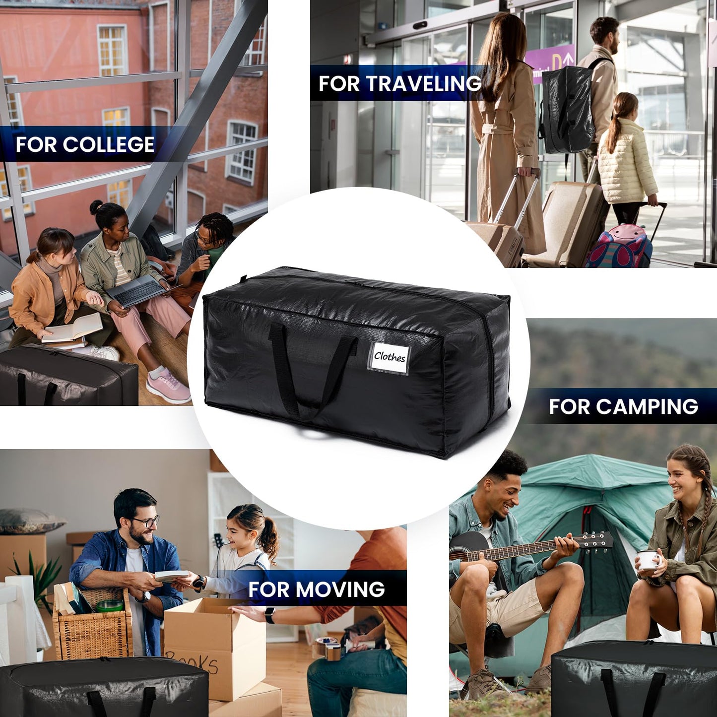 TAILI Heavy Duty Moving Bags, Clothing Storage Bags with Sturdy Zipper and Strong Handles, Black Clothes Storage Bins, Extra Large Tote for Moving Supplies, Better than Boxes (6-Pack)