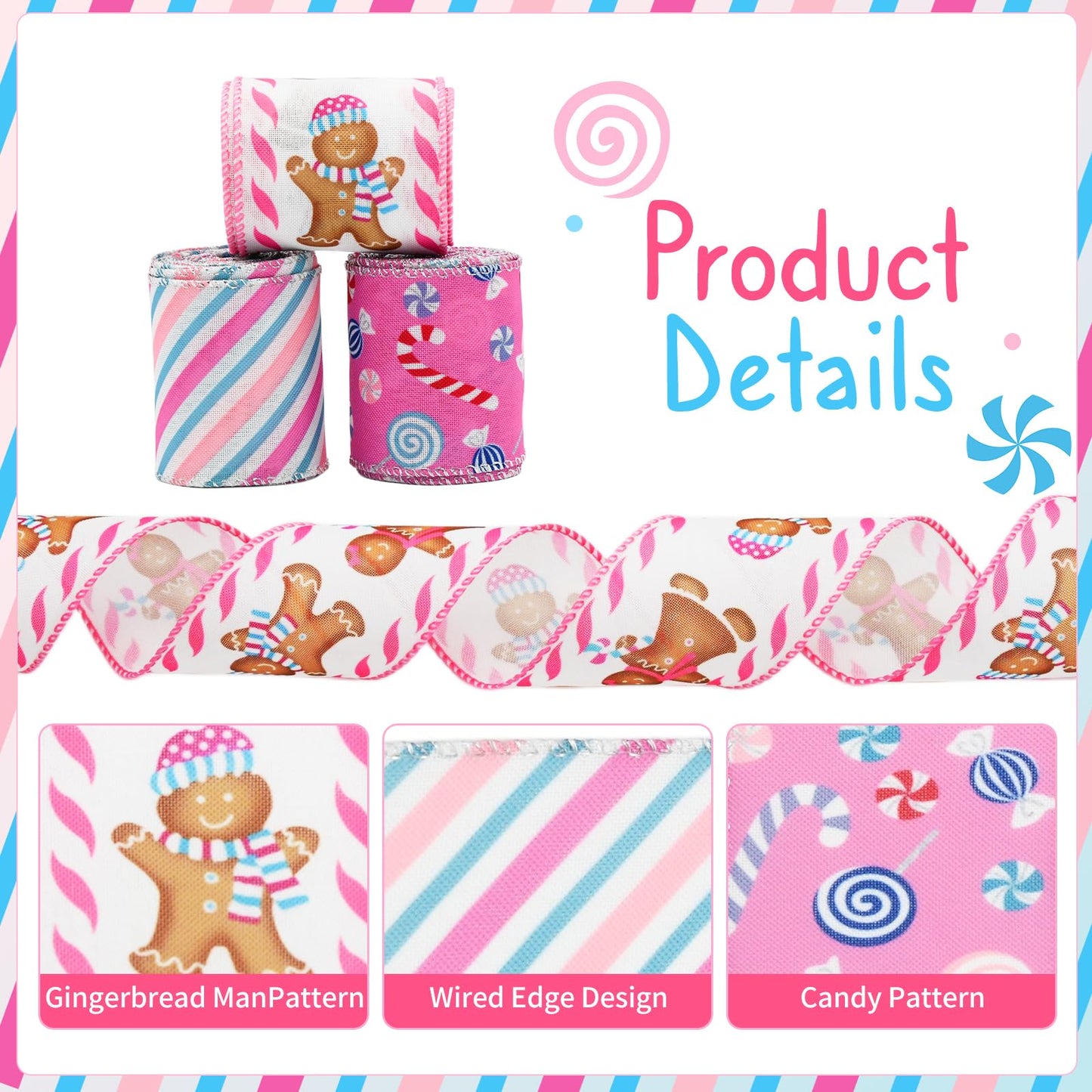 CRAFLOX Pastel Christmas Gingerbread Wired Ribbon for Wreath Bows, 3 Rolls, 2.5″ Wide, 15 Yards Total, Pastel Pink Candy Striped Wired Edge Ribbon for Crafts Supplies, DIY Bows