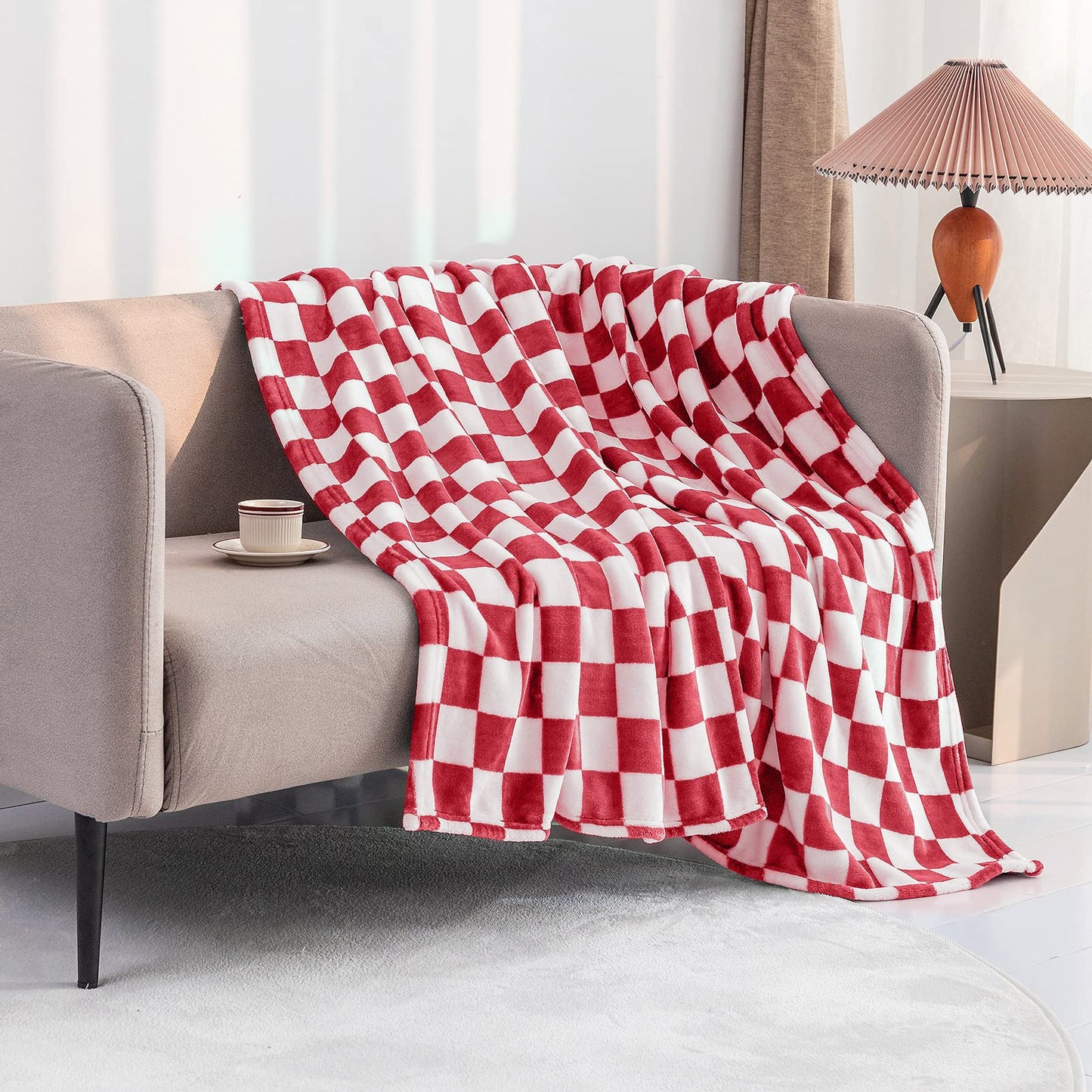 LOMAO Throw Blankets Flannel Blanket with Checkerboard Grid Pattern Soft Throw Blanket for Couch, Bed, Sofa Luxurious Warm and Cozy for All Seasons (Red, 40"x60")