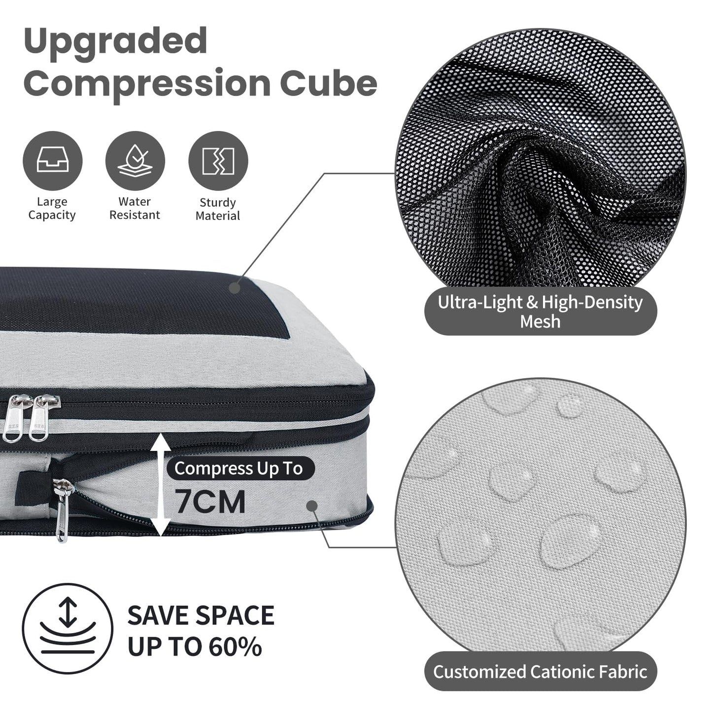 Prezon 8 Set/6 Set/4 Set Compression Packing Cubes for Travel, Lightweight Vacation Travel Essentials, Accessories for Suitcase Organizer Bags Set, Durable Luggage Organizer（8-Square-pewter）