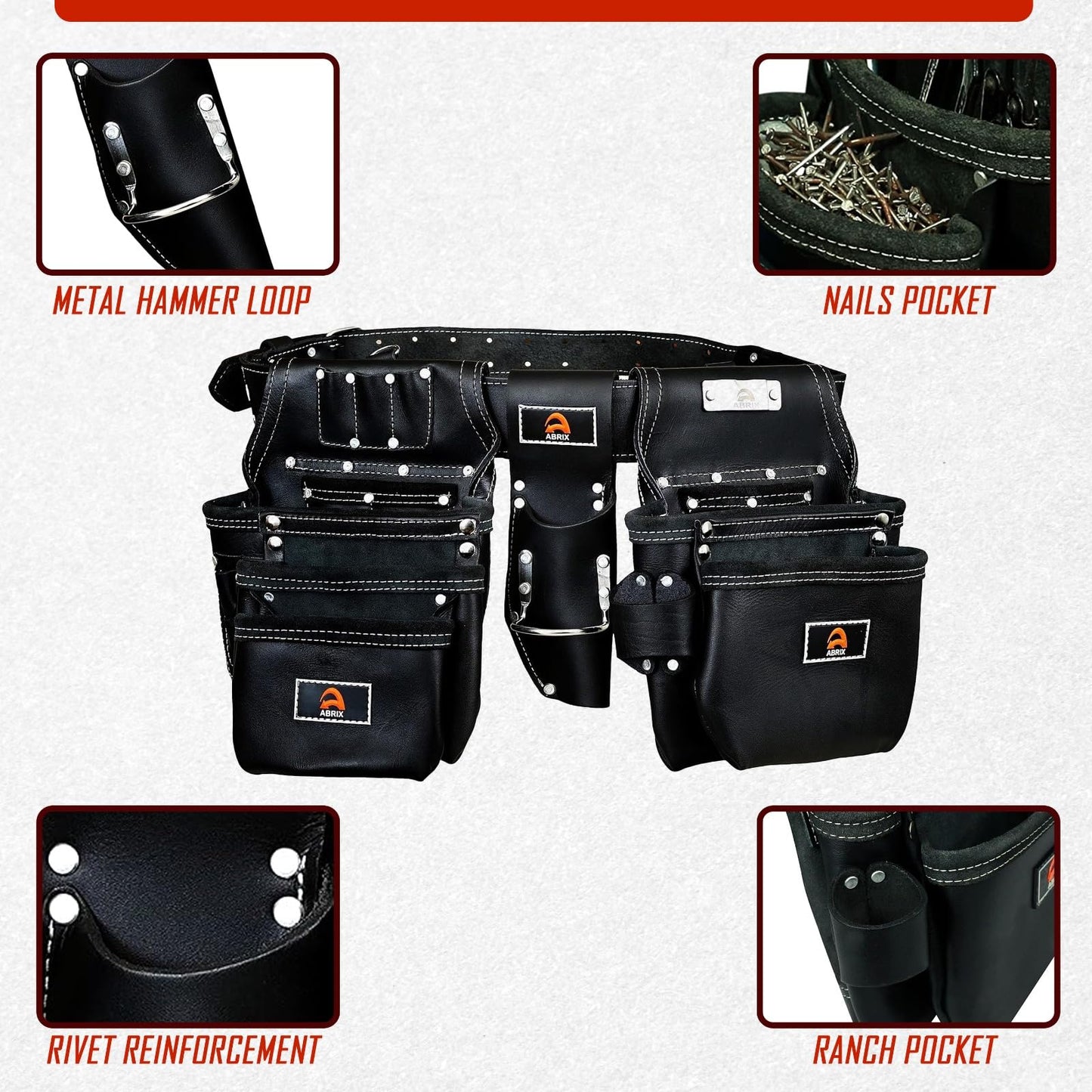 ABRIX Heavy Duty Tool Belt for Men – 4MM Thick Genuine Leather, Brass Buckle & Rivets | Foam Padded Comfort | 28-Pocket Carpenter & Framing Rig | Fits Waist 32 to 52 Inches | Professional Work Belt