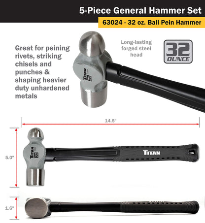Titan 63125 5-Piece Hammer Set, Includes 16oz & 32oz Ball Pein, 32oz Rubber Mallet, 3lb Sledgehammer, & 3lb Cross Pein, Shock Absorbing Fiberglass Handles with Textured Grips