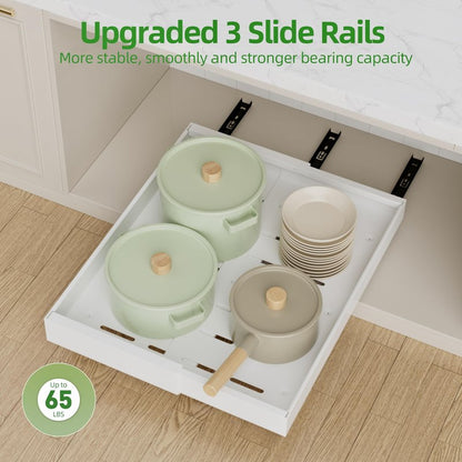 PAKETA 4 Pack Expandable Pull Out Cabinet Organizer, 21'' Deep Pull Out Drawers for Cabinet, Upgrade 3 Slide Rails Sliding Drawers for Cabinets with Adhesive Nano Film (White, 21"D X 9-14"W)
