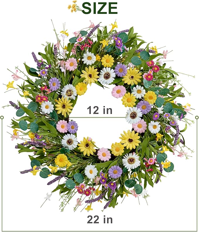 Spring Wreath 22 Inch Artificial Summer Wreath with Yellow Daisy Flowers Green Eucalyptus Leaves Lavender Spring Wreaths for Front Door Home Farmhouse Porch Wall Easter Festival