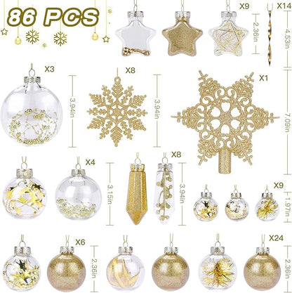 SHareconn 86PCS Christmas Balls Ornaments Set,Shatterproof Plastic Clear Decorative Baubles for Xmas Tree Decor Holiday Wedding Party Decoration, Glod