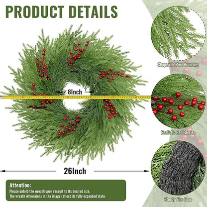 26 Inch Pine Wreath - Christmas Wreaths for Front Door - Real Touch Pine Wreath - Large Artificial Green Wreaths for Walls Windows Porches Farmhouse Indoor Outdoor Home Decor with Red Berries
