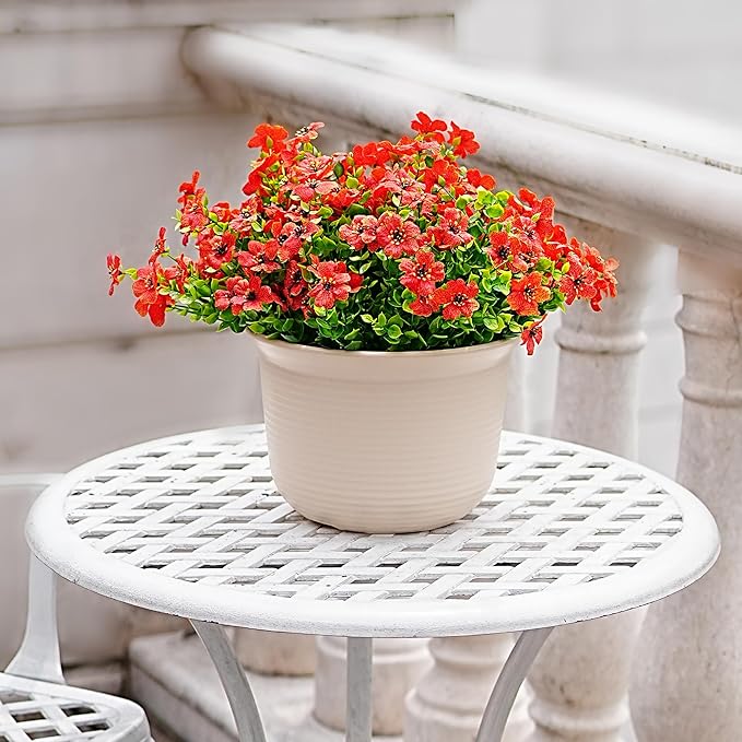Outdoor Artificial Flowers, 8 Bundles Fake Flowers Autumn Decoration, No Fade Faux Plastic Shrubs for Garden Patio Porch Window Box Fall Decor (Red)
