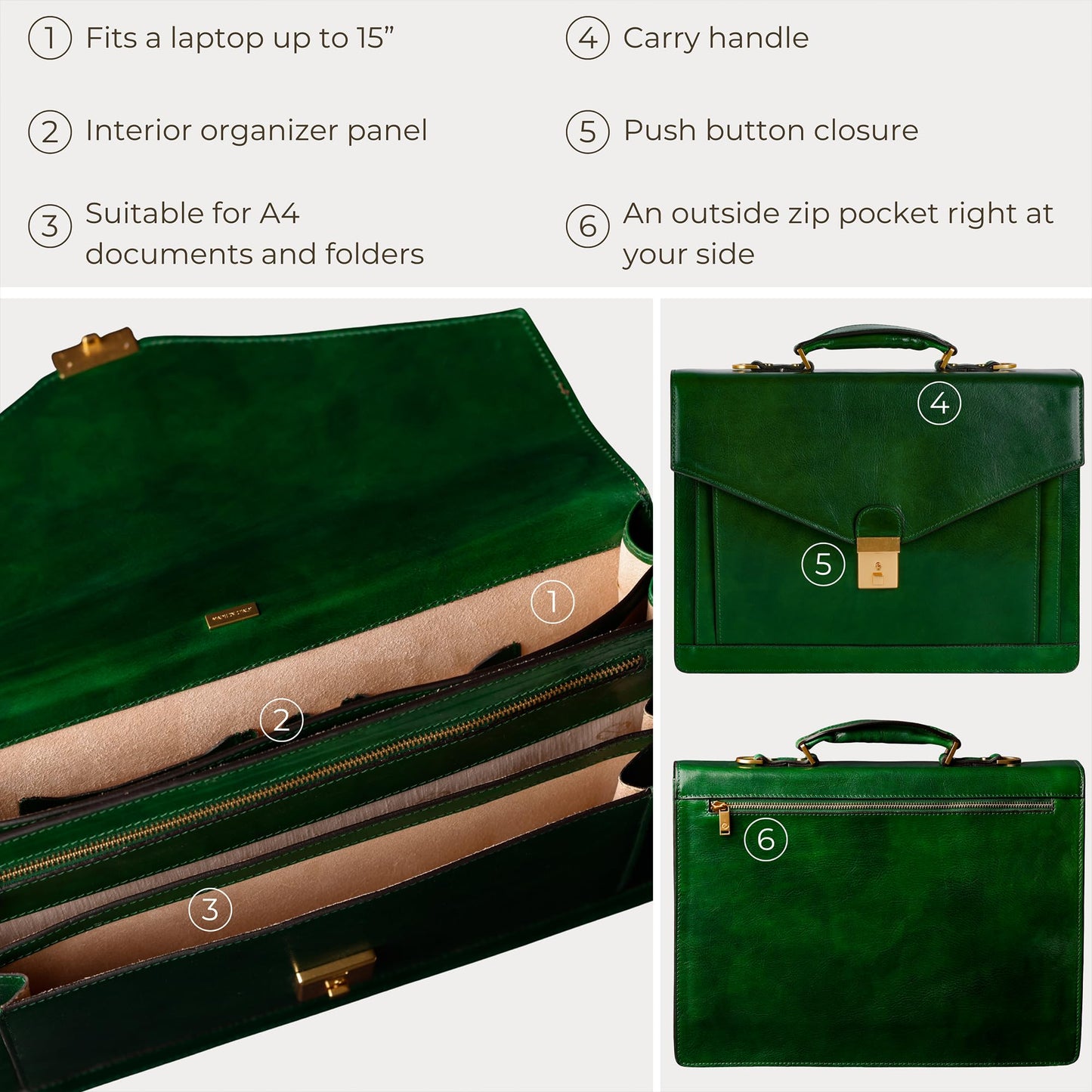 Time Resistance Leather Briefcase for Men - Business Laptop Bag - Italian Handmade Leather Bag - Attache - Gift Box Included (Green)