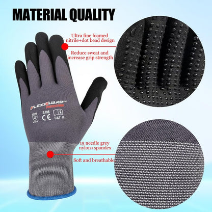 Gasoline Safety Work Gloves Extra Micro-Foam Nitrile Coated-12 Pairs,Endurance Seamless Knit Nylon Spandex,Dots on Palm, Dot Grip Gloves，Work Gloves Men and Women (12, M)