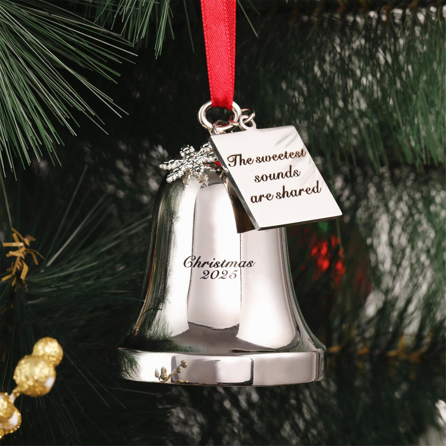 FKOG Christmas Bell Ornament 2026, Silver Metal with Snowflake Charm, Red Ribbon, Quote - The Sweetest Sounds are Shared Design, Holiday Tree Decoration, 3x2.4x2.4 Inches (Silver)