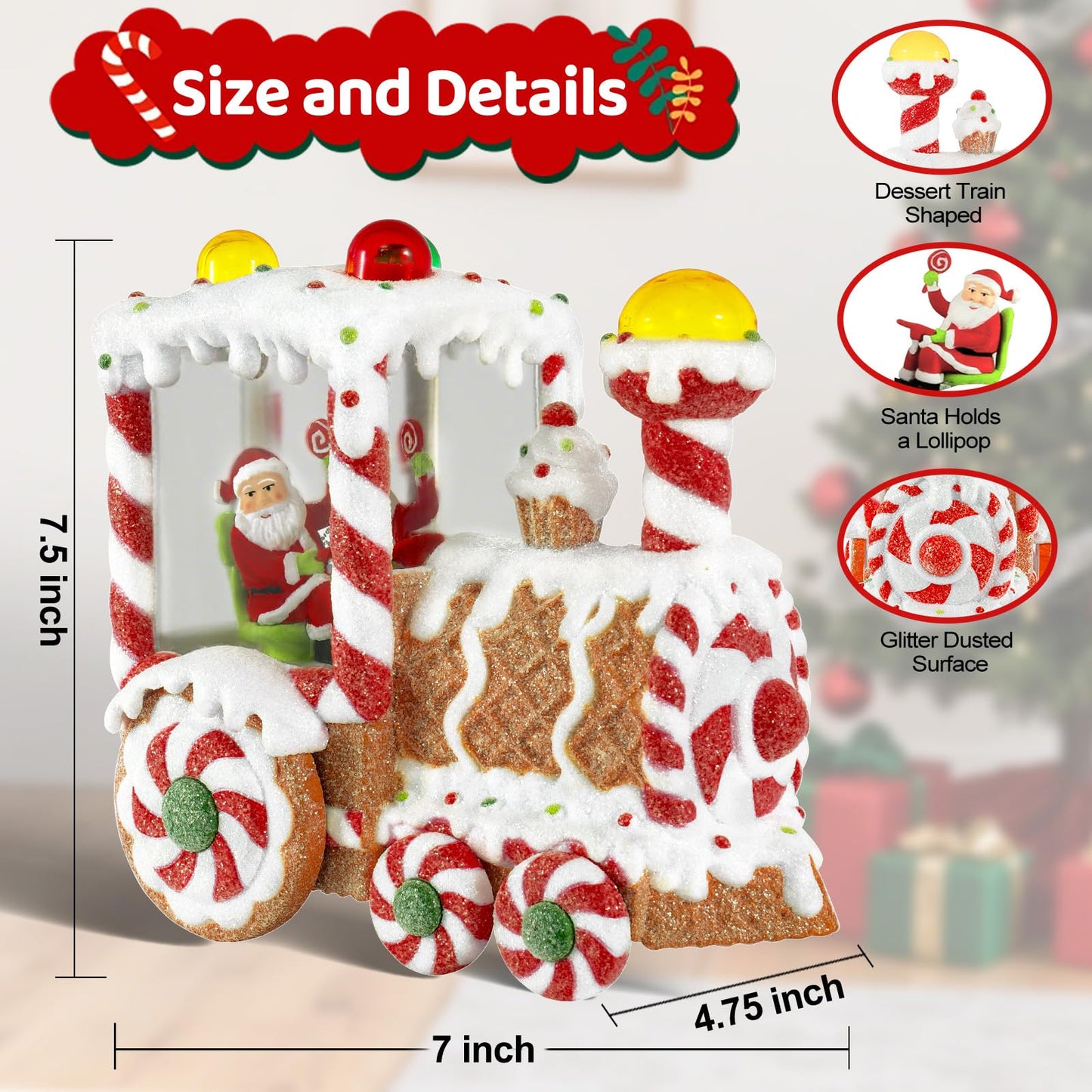 Christmas Snow Globes Dessert Train Water Glittering Lantern with 6H Timer Function Santa Snow Globe Christmas 3 AA Battery Operated for Xmas Festival Decorations Gifts (Dessert Train)